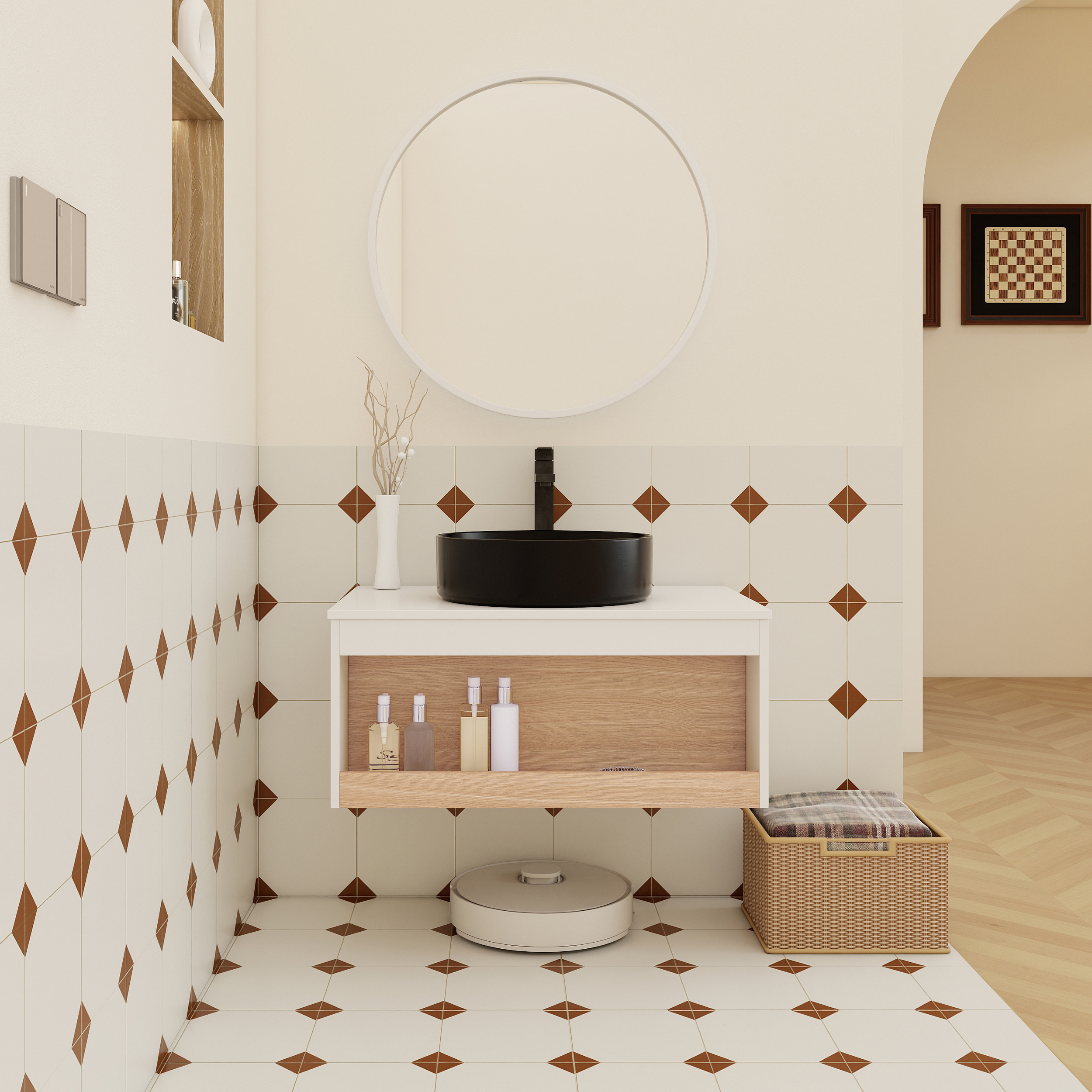 30" Modern Floating Bathroom Vanity with Matte Black Round Vessel Sink, White & Light Oak Wall-Mounted Cabinet with Open Storage