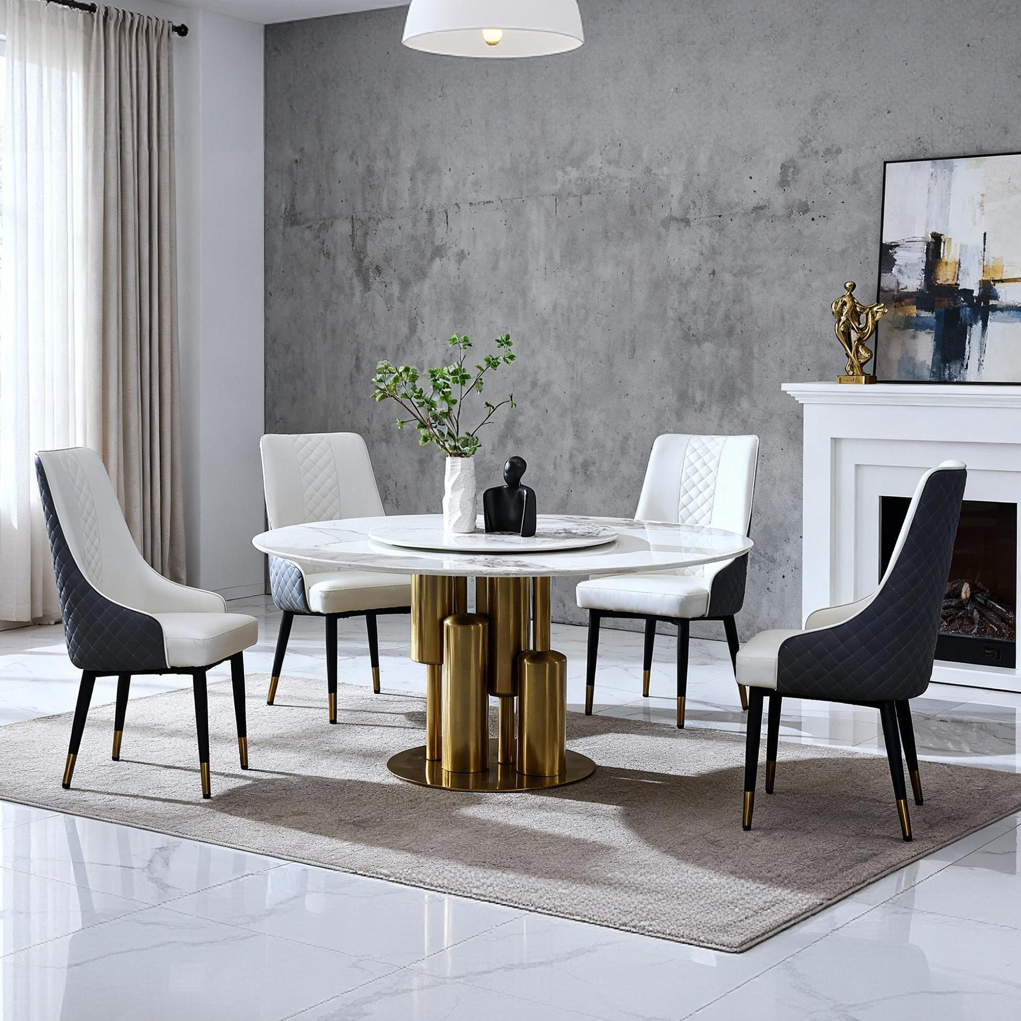 59" Round Dining Table Set with 360° Rotating Lazy Susan & 8 Chairs, Sintered Stone Top, Luxury Modern Kitchen Furniture