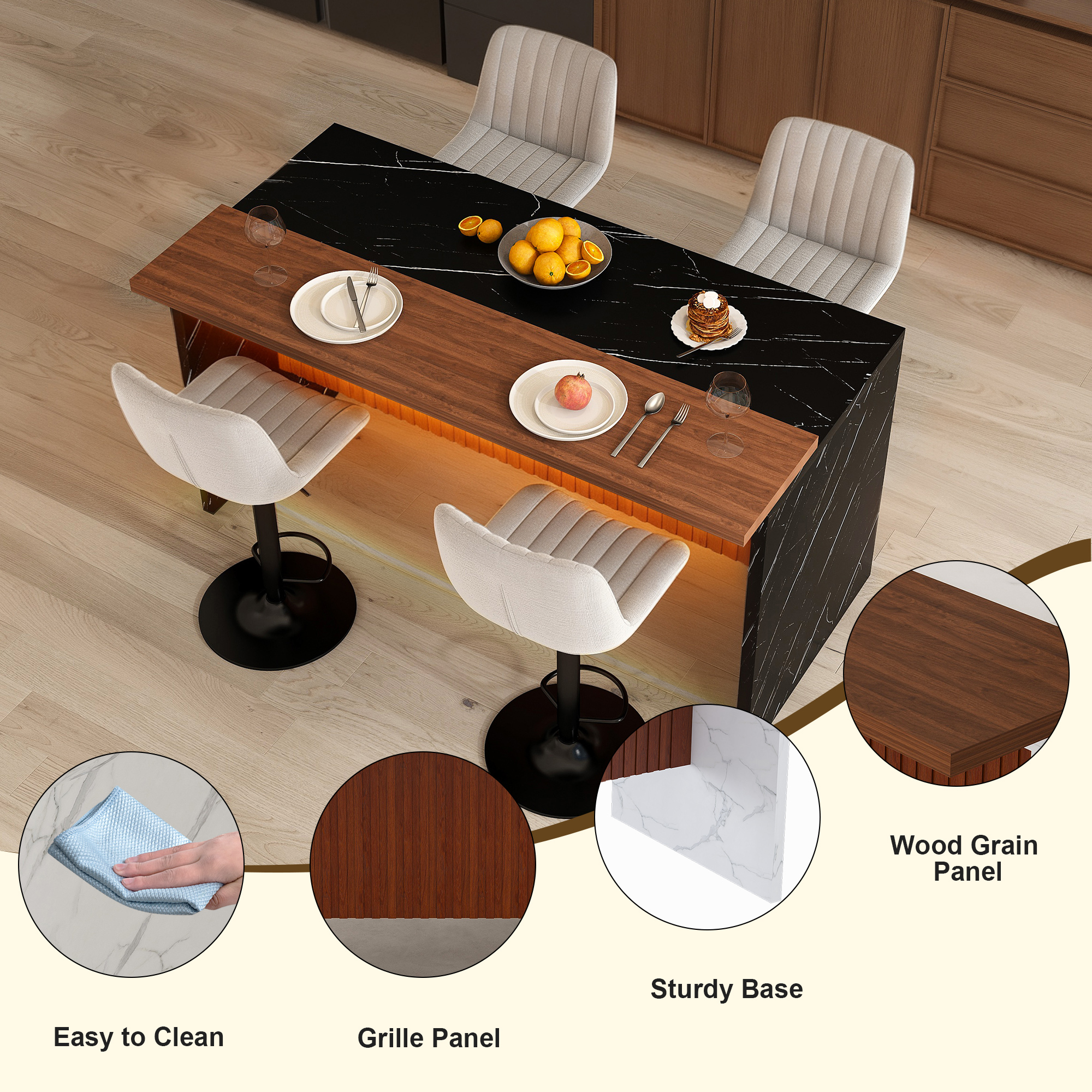 63" Modern Kitchen Island Set with LED Lighting & Marble Look - Walnut/Black Dining Table with 4 Gray Bar Stools
