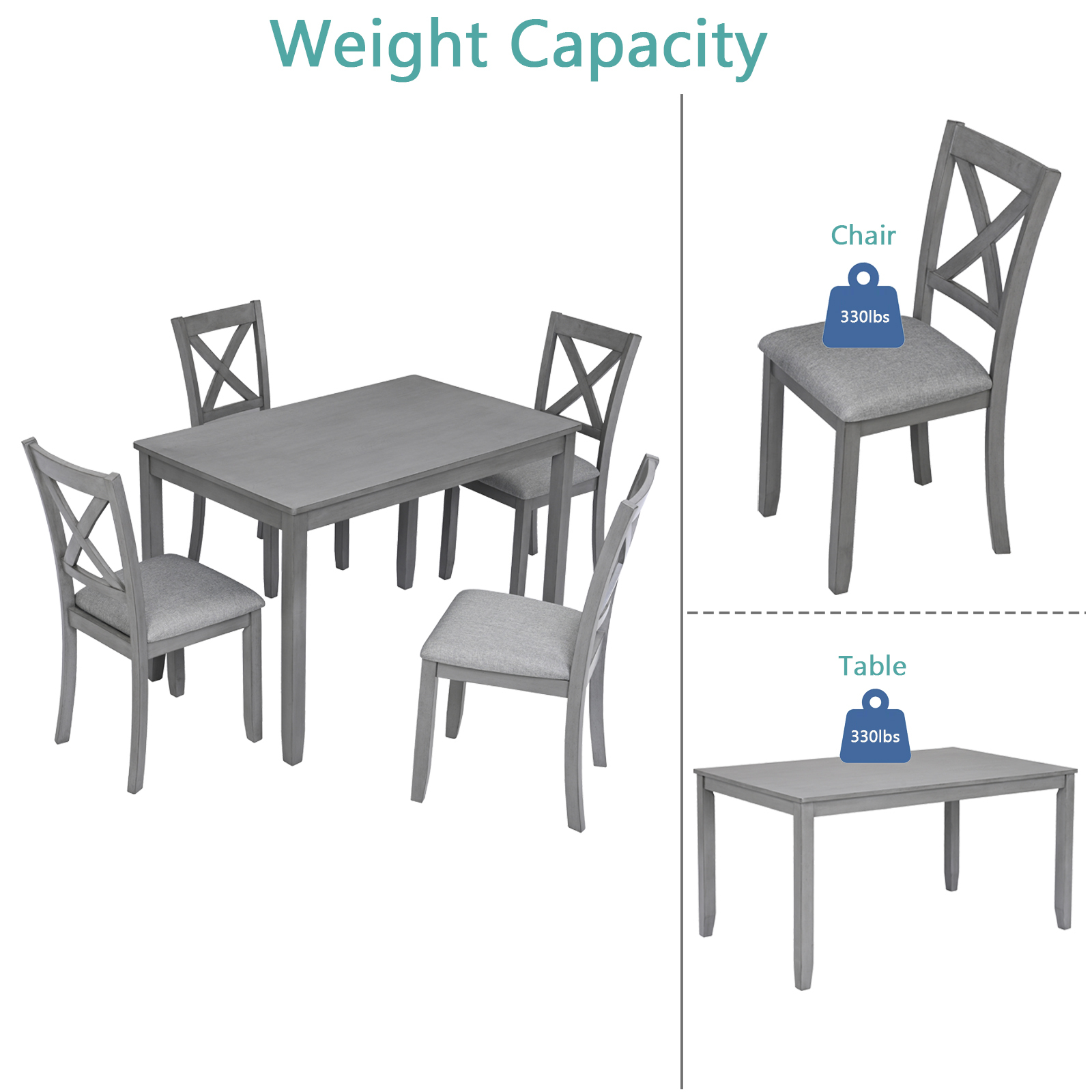 5-Piece Gray Acacia Wood Dining Set for 4 - Modern Rectangular Kitchen Table & Chairs