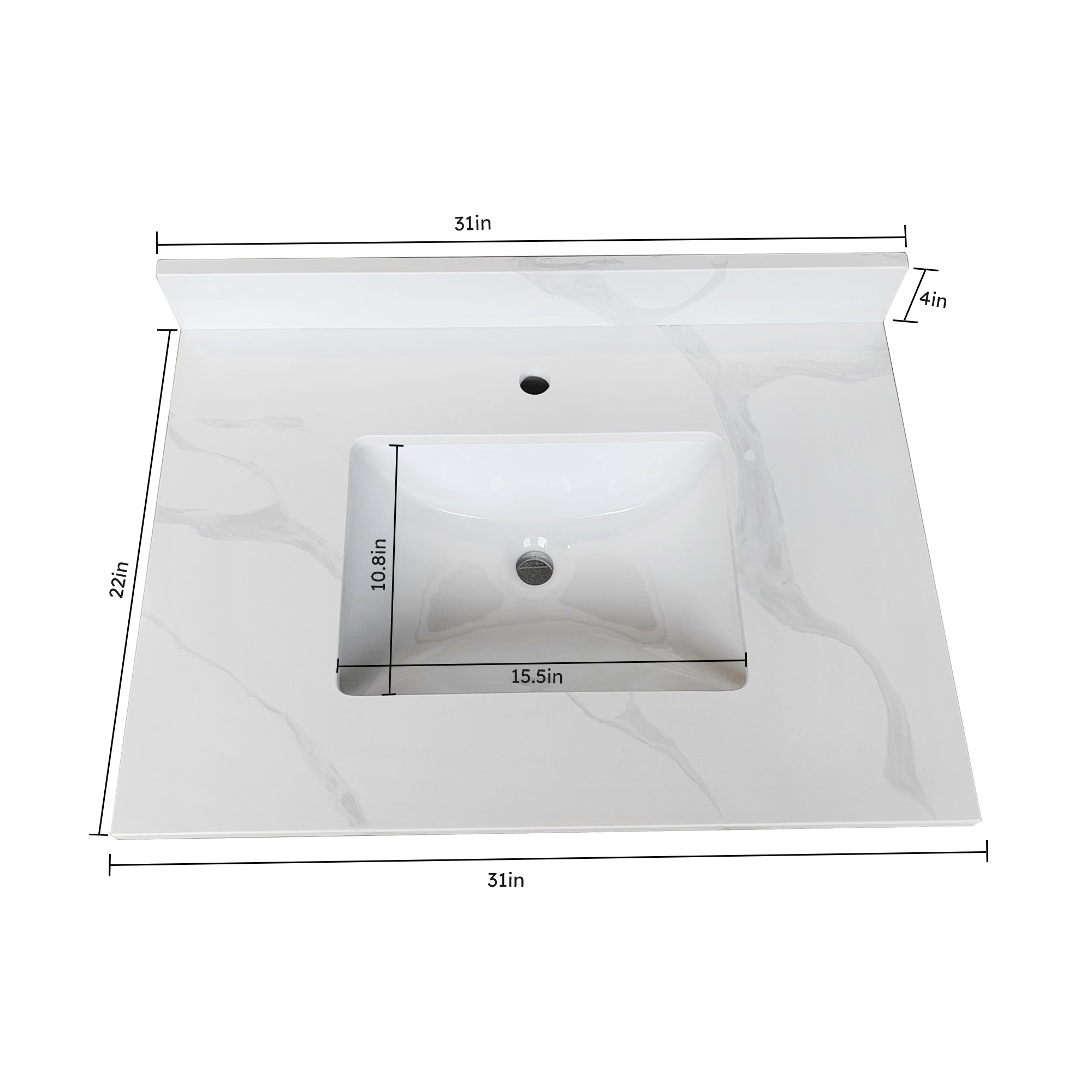 31-Inch Carrara White Quartz Bathroom Vanity Top with Undermount Sink, Pre-Drilled Faucet Hole & 4" Backsplash