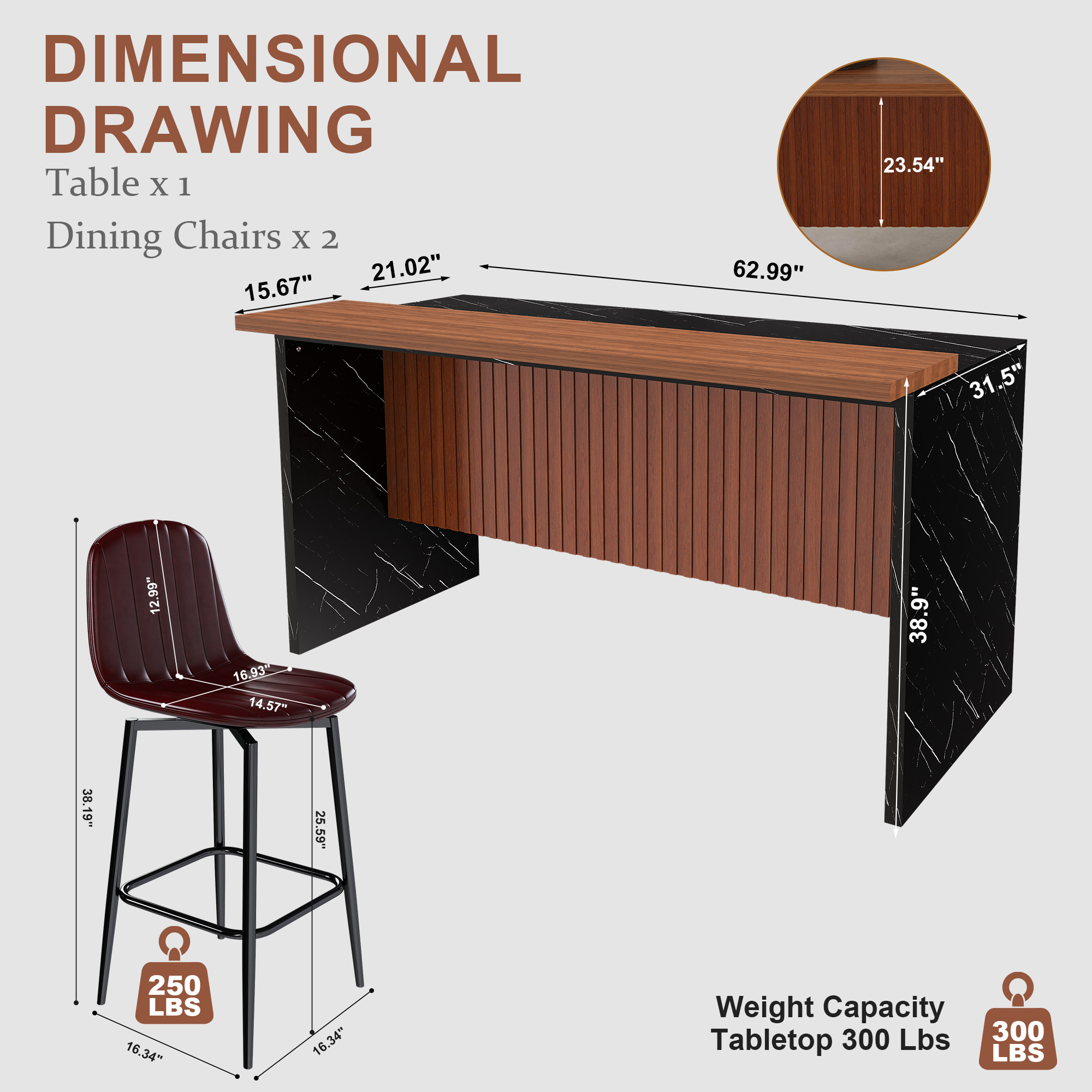 63-Inch Modern Kitchen Island Set with LED Lighting & 2 Bar Stools - Black Marble Look Dining Table for Open Concept Spaces