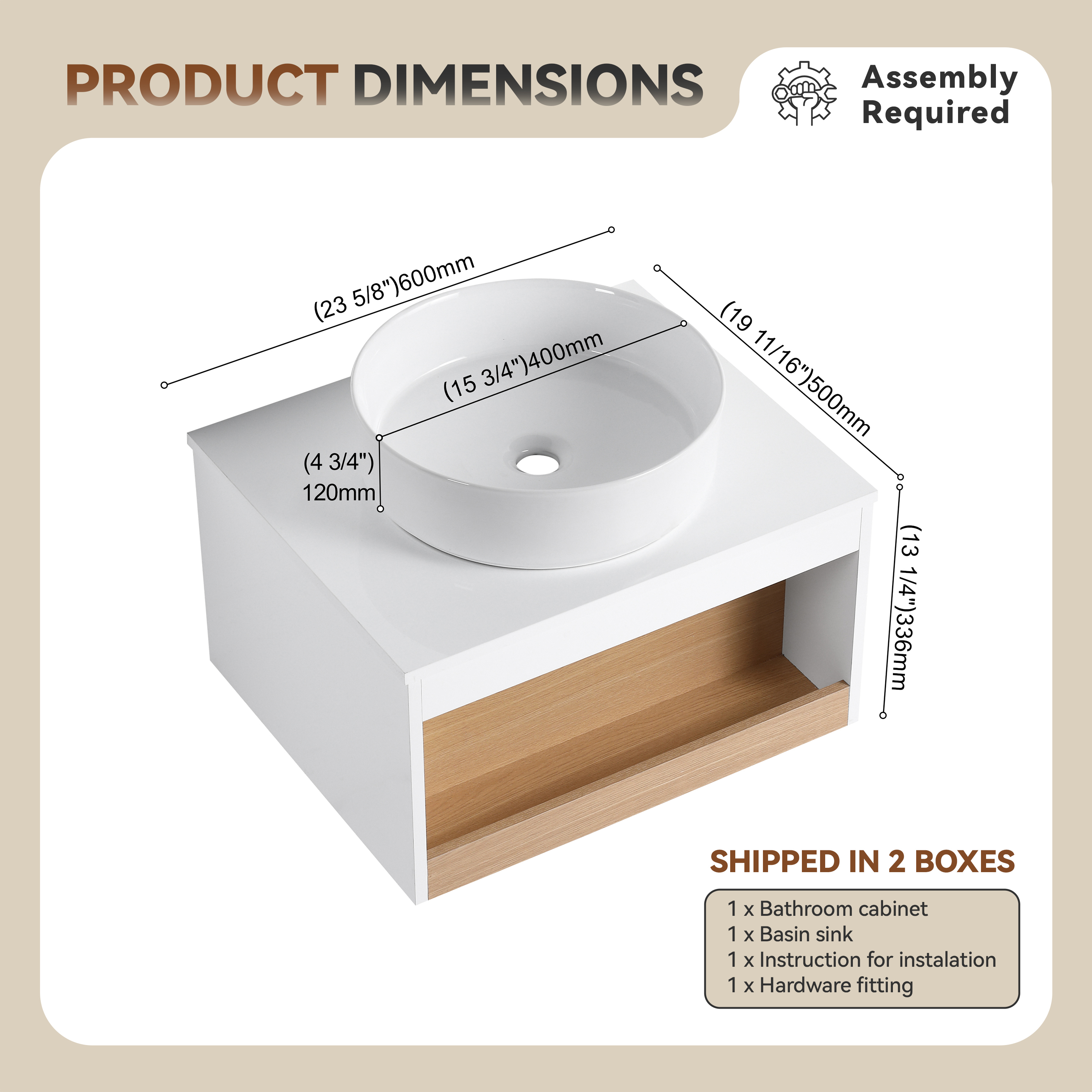 24" Modern Floating Bathroom Vanity with Glossy White Vessel Sink - Wall-Mounted Open Shelf Storage, Space-Saving Plywood Cabinet for Small Powder Rooms