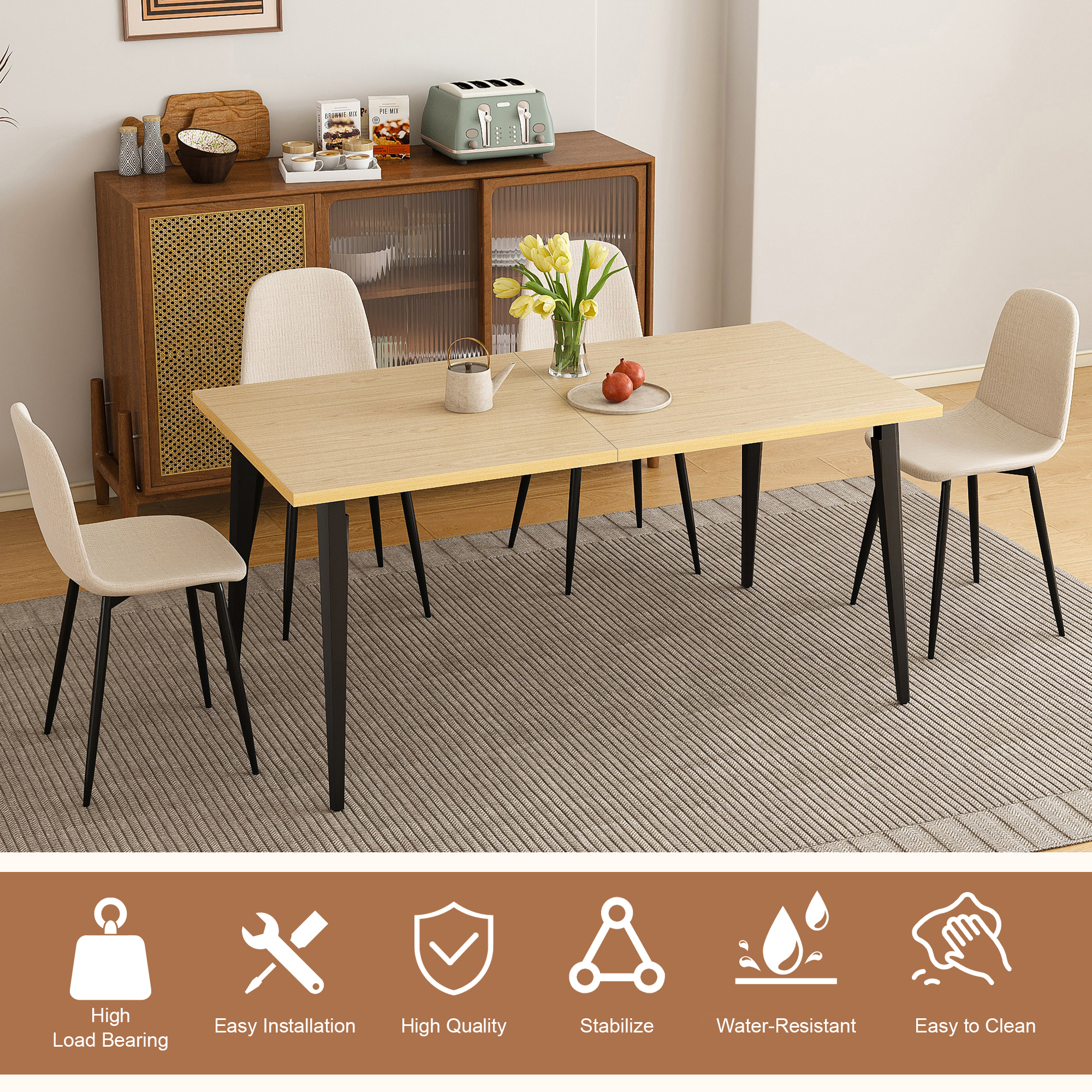 63-Inch Farmhouse Industrial Dining Table Set with 4 Beige Chairs, Rust-Resistant Iron Legs & Rectangular Kitchen Table for Dining Room