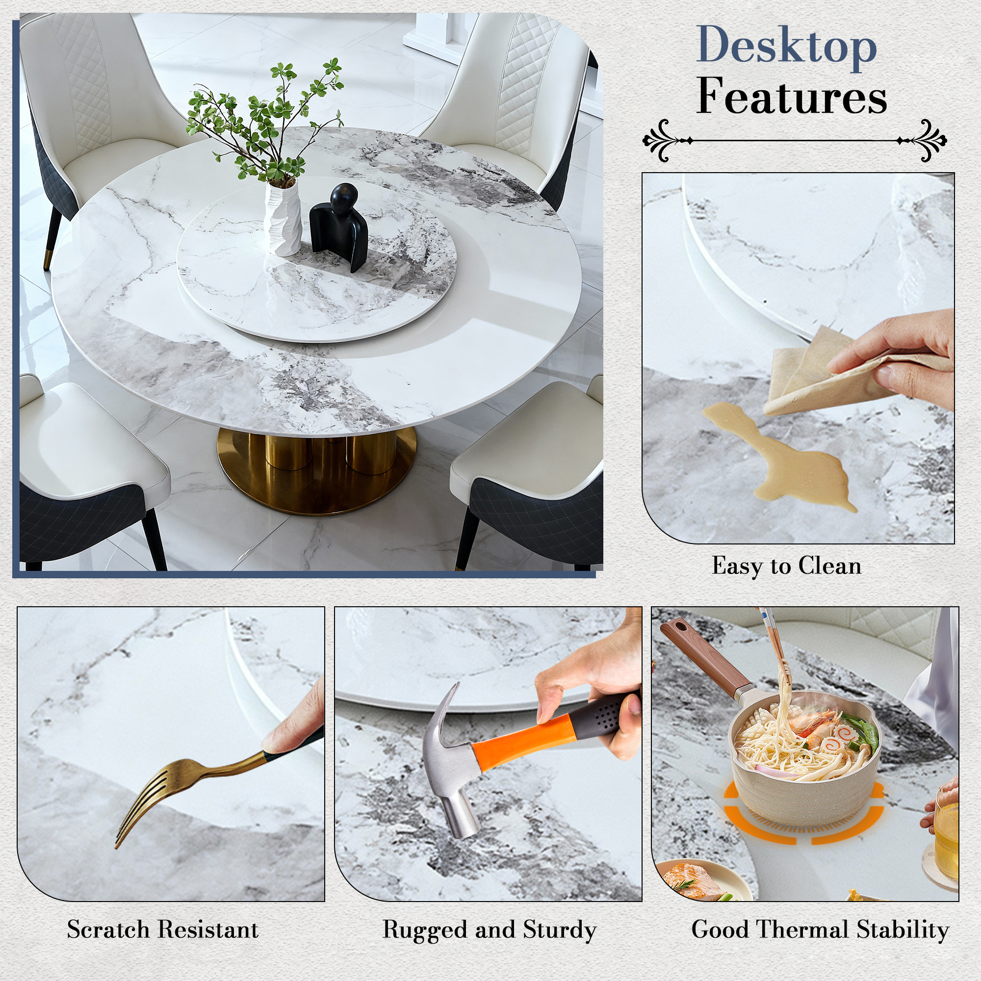 59" Round Dining Table Set with 360° Rotating Lazy Susan & 8 Chairs, Sintered Stone Top, Luxury Modern Kitchen Furniture