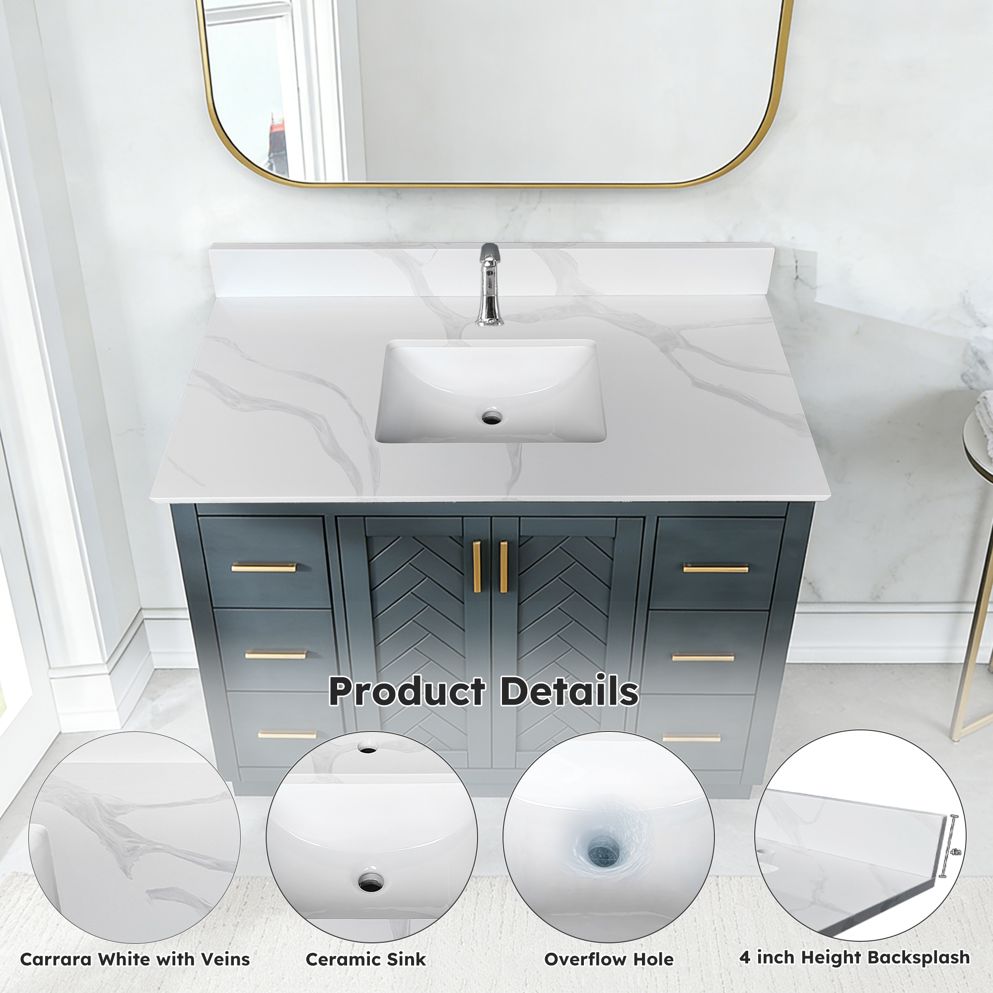 43" Carrara White Quartz Bathroom Vanity Top with Undermount Sink, 4" Backsplash & Pre-Drilled Faucet Hole