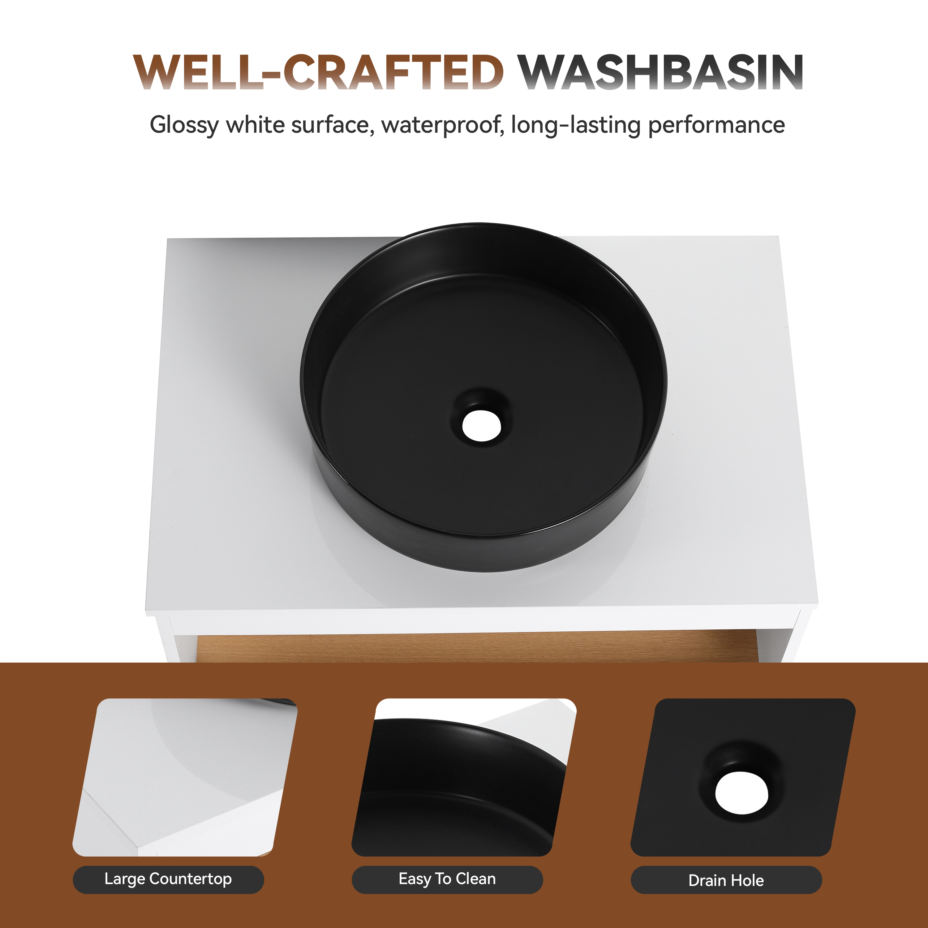 30" Modern Floating Bathroom Vanity with Matte Black Round Vessel Sink, White & Light Oak Wall-Mounted Cabinet with Open Storage