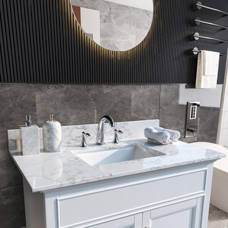 Montary 37" Carrara White Engineered Stone Bathroom Vanity Top with Undermount Sink and Backsplash