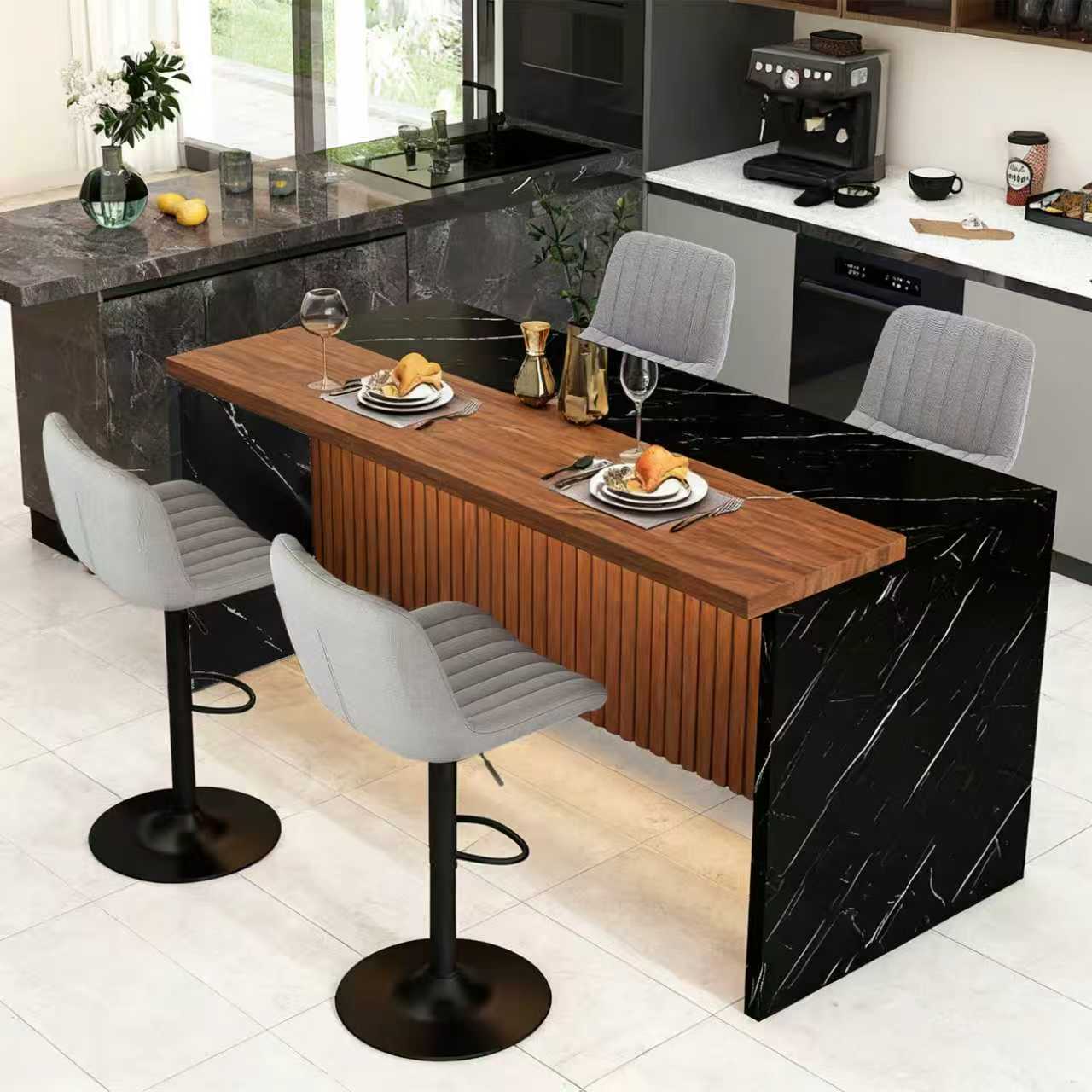 63" Modern Kitchen Island Set with LED Lighting & Marble Look - Walnut/Black Dining Table with 4 Gray Bar Stools