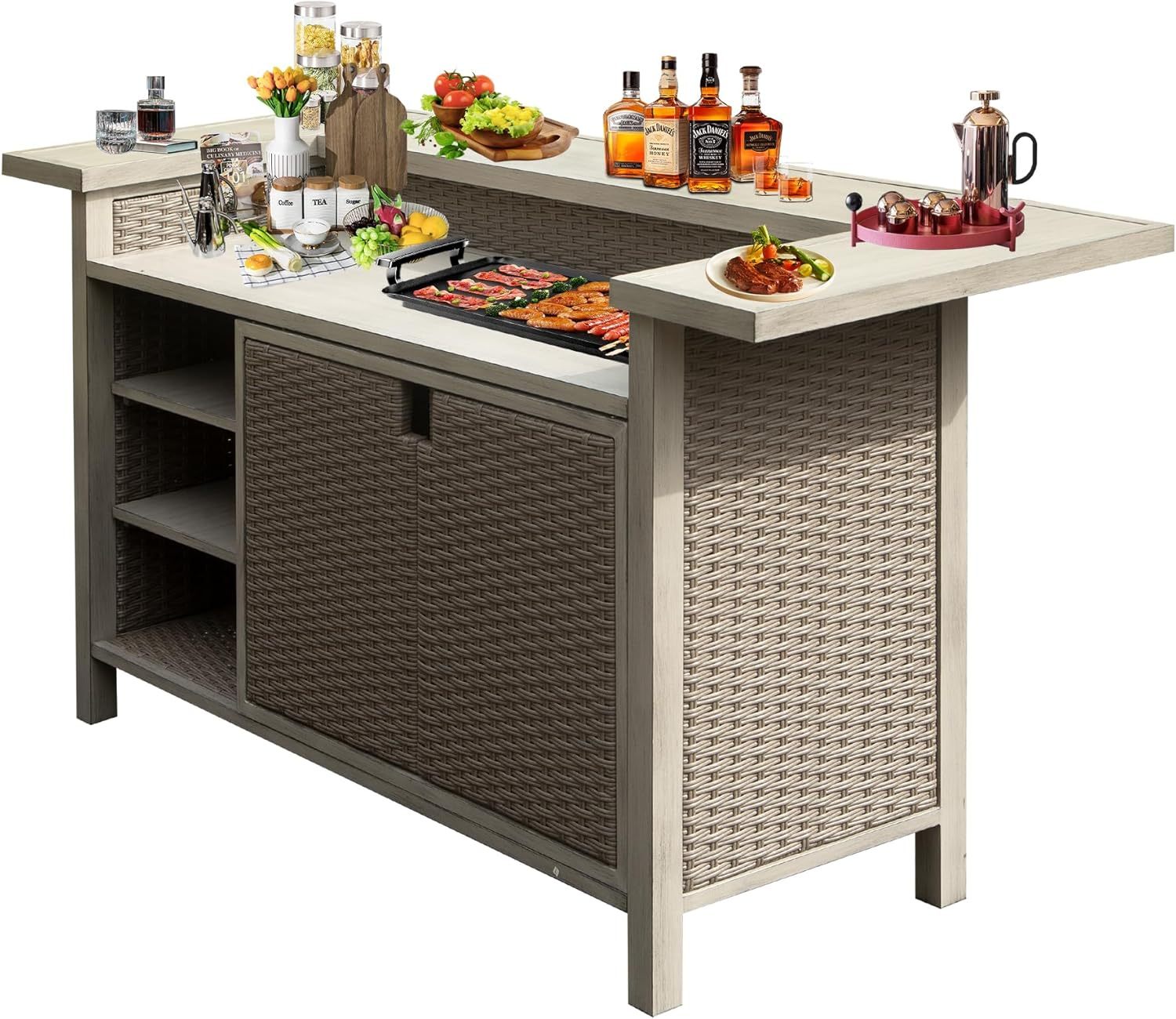3-Piece Outdoor Bar Set with Propane Tank Holder, All-Weather Wicker Patio Bar Table & 2 Counter Height Stools, Gray Aluminum Farmhouse Kitchen Island for Garden and Deck