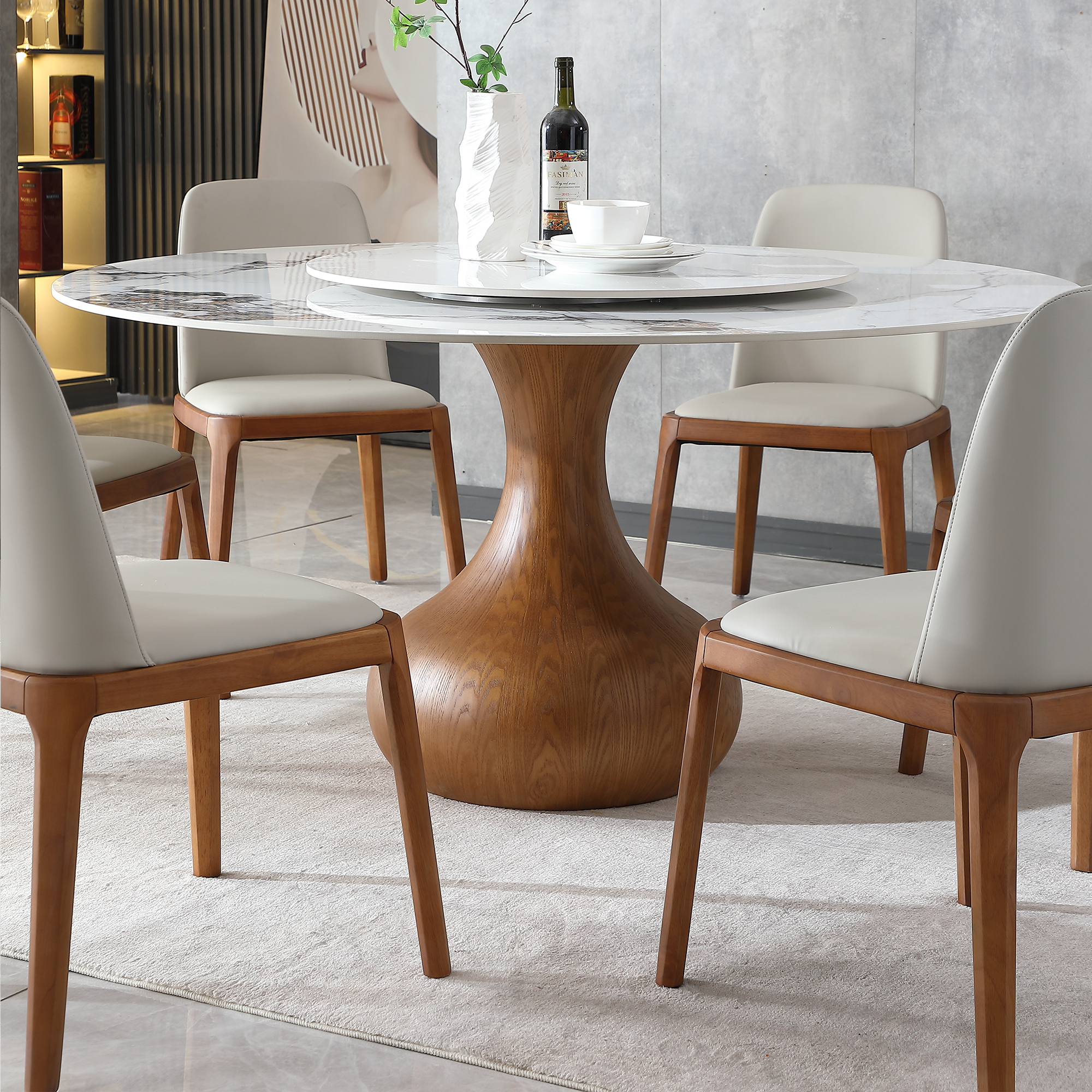 59" Round Sintered Stone Dining Table Set with Lazy Susan, Modern Marble Kitchen Table & 4 Upholstered Chairs, Luxury Pedestal Base for Small Spaces