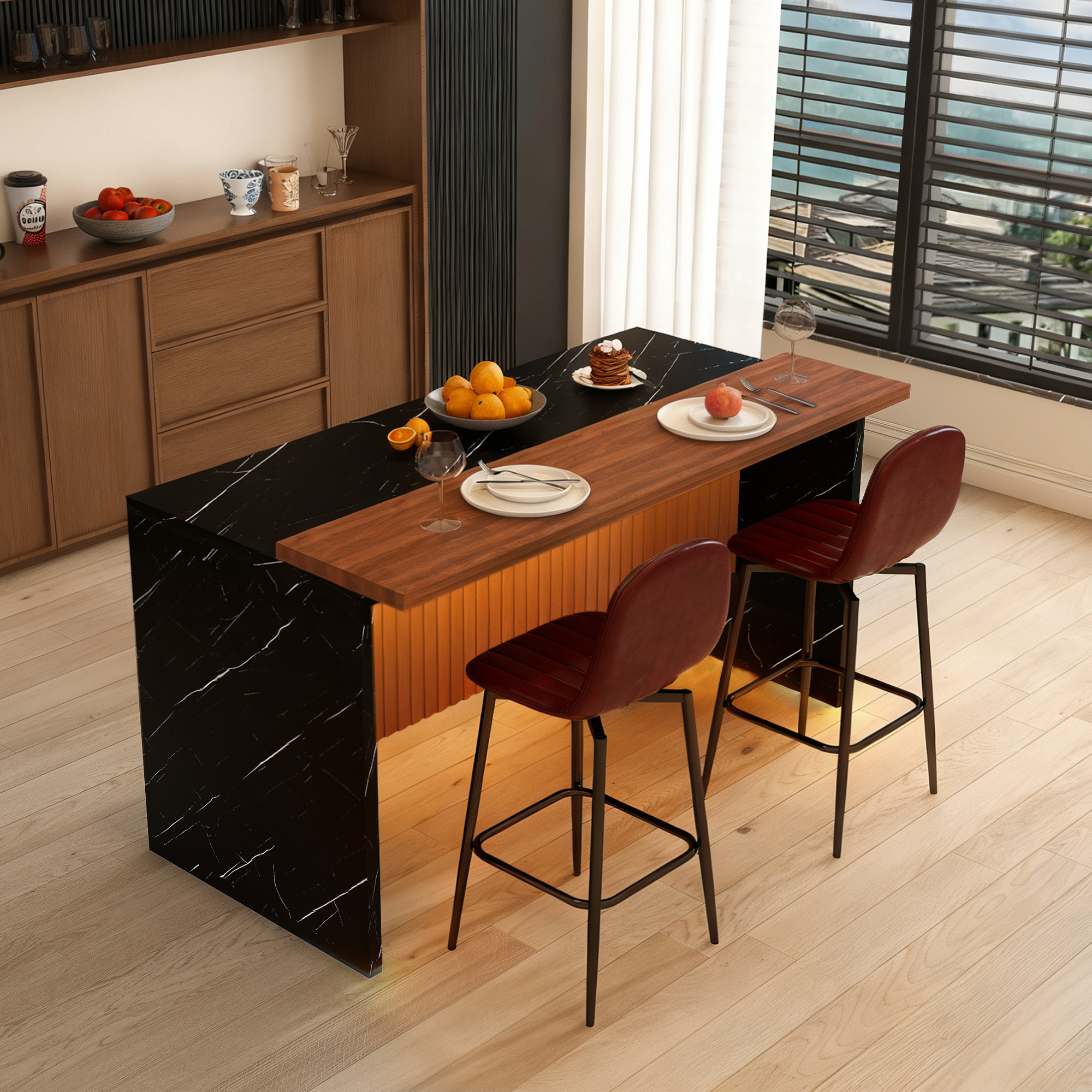63-Inch Modern Kitchen Island Set with LED Lighting & 2 Bar Stools - Black Marble Look Dining Table for Open Concept Spaces
