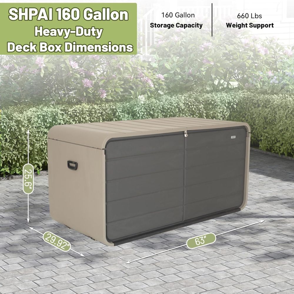 160 Gallon Large Resin Deck Box, Heavy-Duty Waterproof Outdoor Storage Chest with Hydraulic Lift & Lockable Lid for Patio Furniture, Pool Supplies & Garden Tools