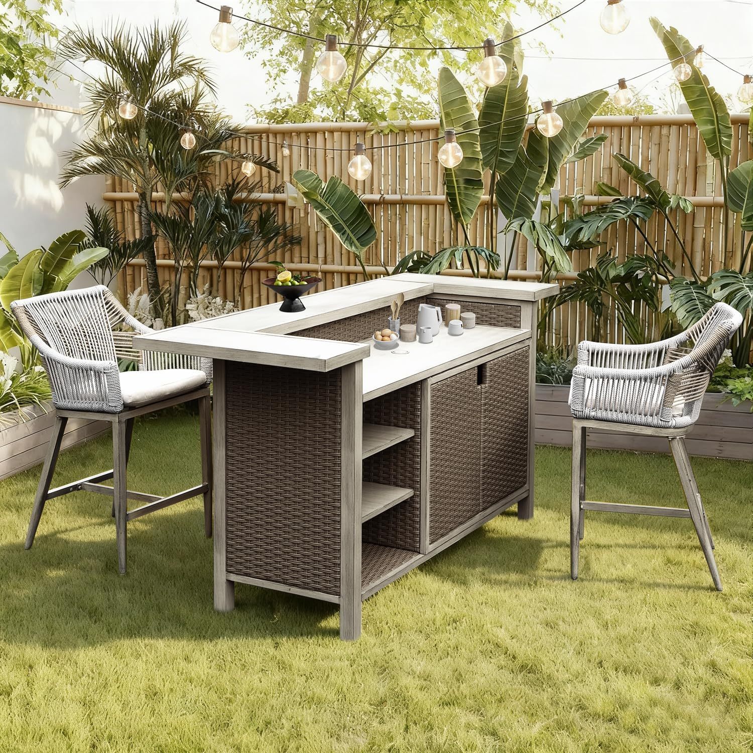 3-Piece Outdoor Bar Set with Propane Tank Holder, All-Weather Wicker Patio Bar Table & 2 Counter Height Stools, Gray Aluminum Farmhouse Kitchen Island for Garden and Deck