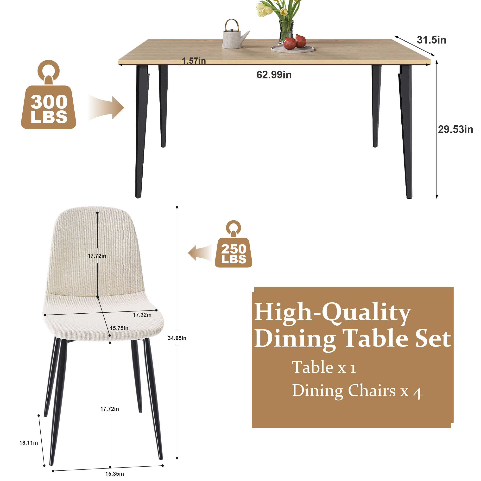 63-Inch Farmhouse Industrial Dining Table Set with 4 Beige Chairs, Rust-Resistant Iron Legs & Rectangular Kitchen Table for Dining Room