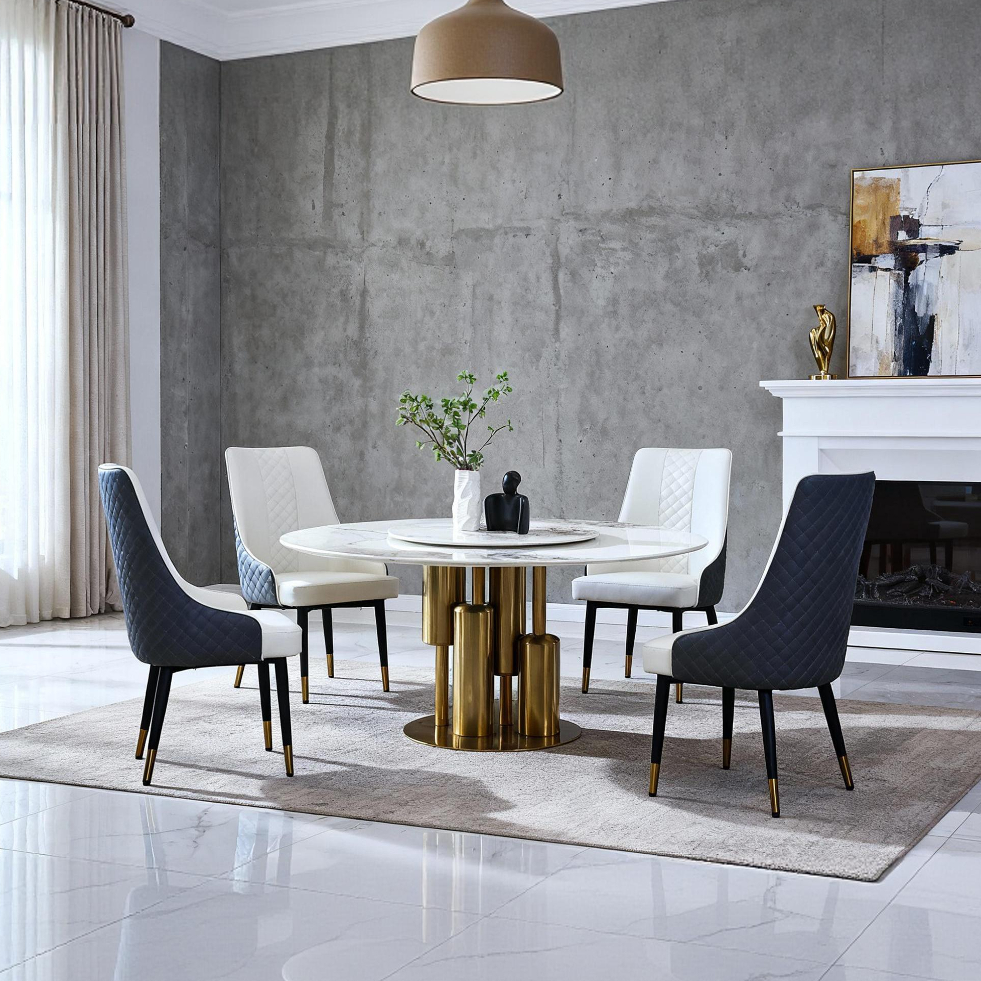 59" Round Dining Table Set with 360° Rotating Lazy Susan, Sintered Stone Top & Gold Base, Modern Luxury Kitchen Furniture for 4-6 People