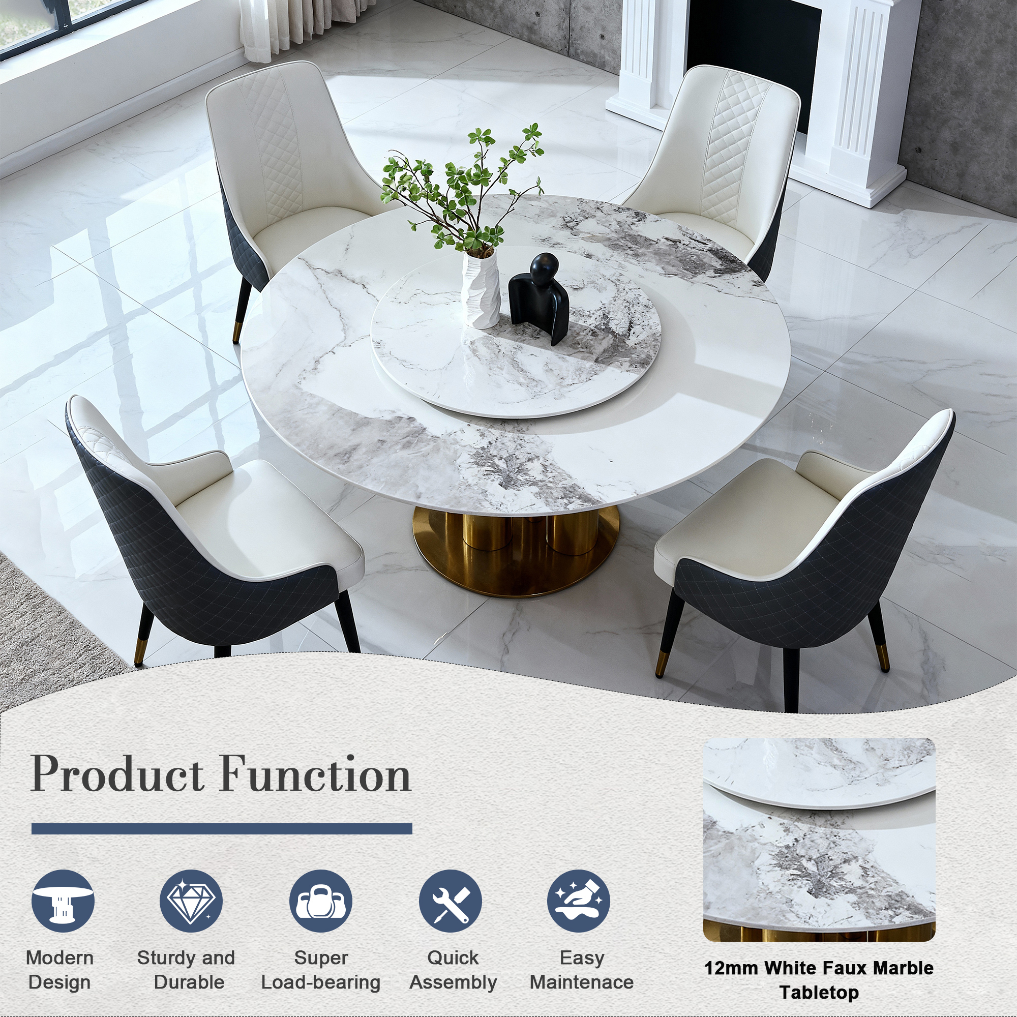 59" Round Dining Table Set with 360° Rotating Lazy Susan & 8 Chairs, Sintered Stone Top, Luxury Modern Kitchen Furniture