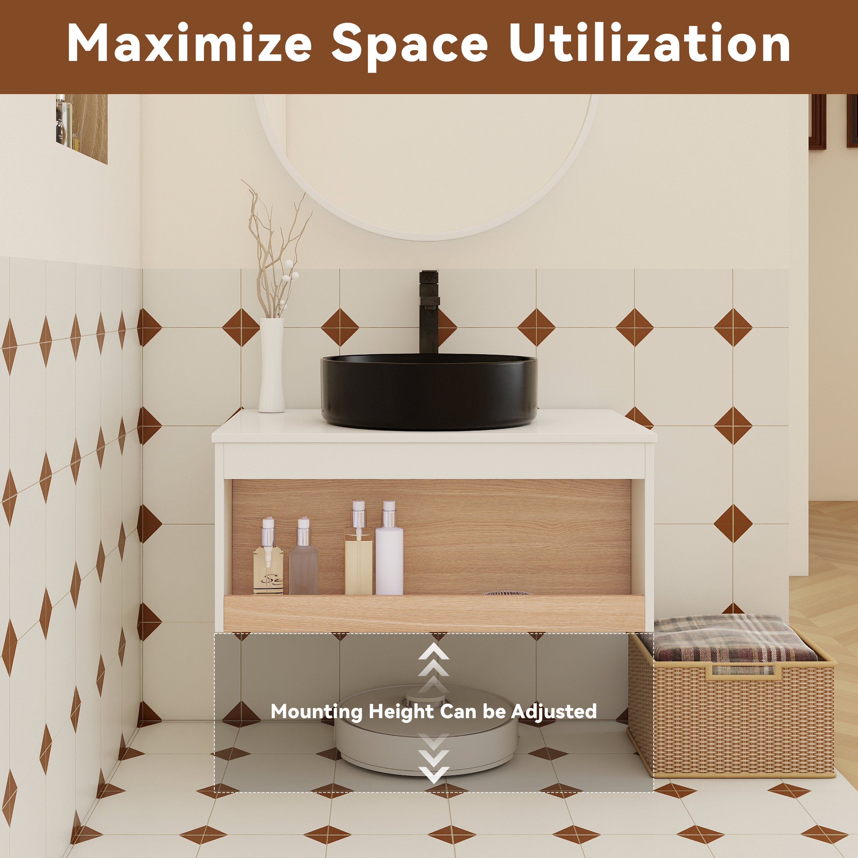 30" Modern Floating Bathroom Vanity with Matte Black Round Vessel Sink, White & Light Oak Wall-Mounted Cabinet with Open Storage