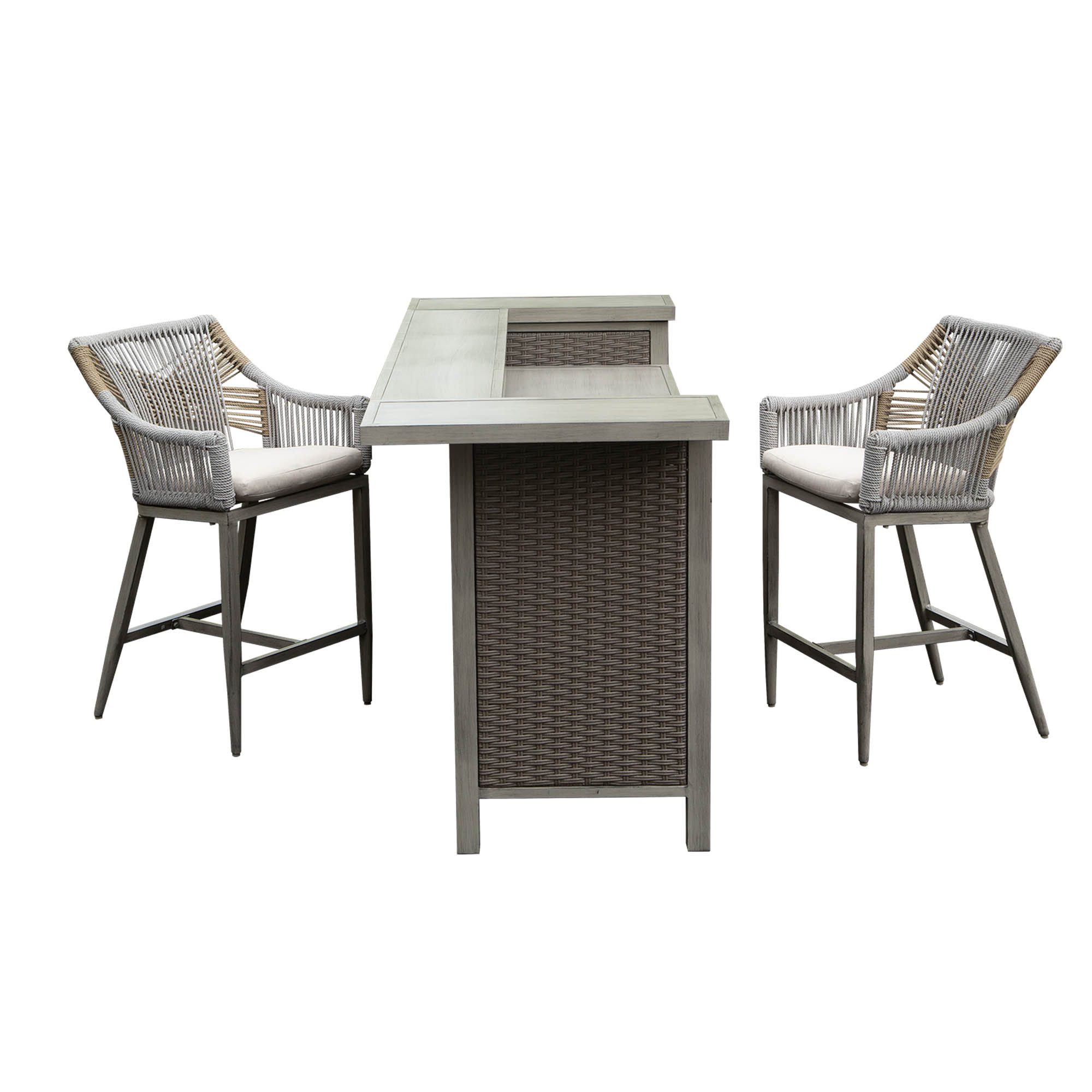 3-Piece Outdoor Bar Set with Propane Tank Holder, All-Weather Wicker Patio Bar Table & 2 Counter Height Stools, Gray Aluminum Farmhouse Kitchen Island for Garden and Deck