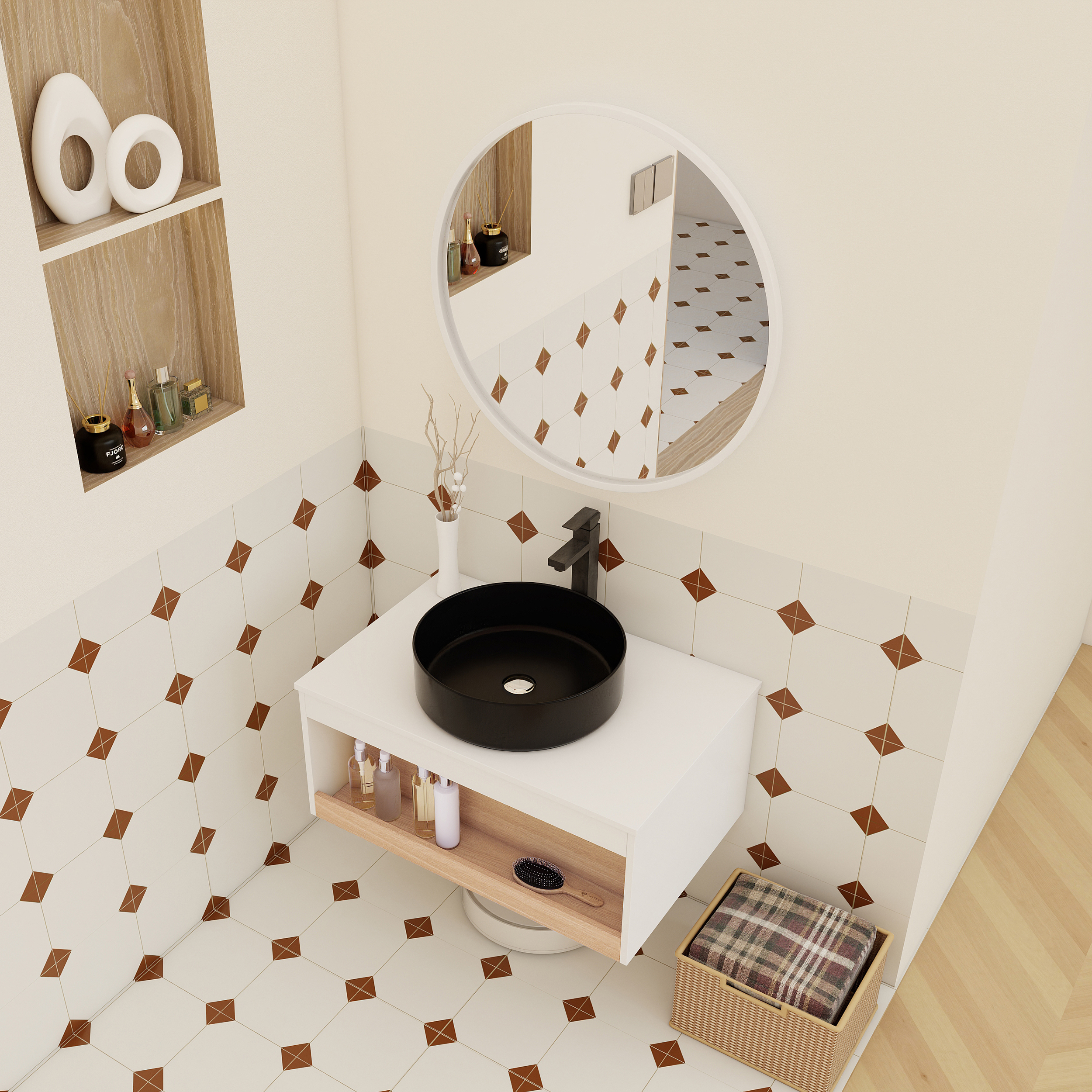 30" Modern Floating Bathroom Vanity with Matte Black Round Vessel Sink, White & Light Oak Wall-Mounted Cabinet with Open Storage