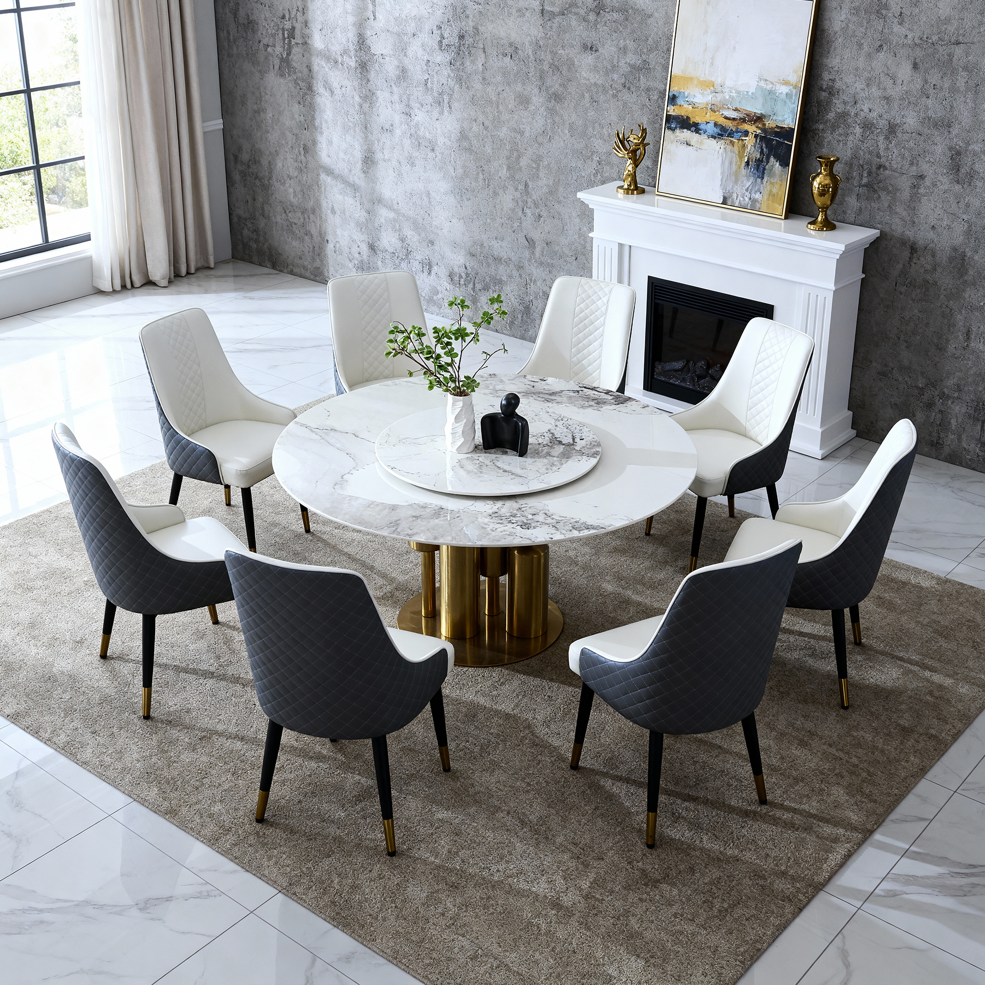 59" Round Dining Table Set with 360° Rotating Lazy Susan & 8 Chairs, Sintered Stone Top, Luxury Modern Kitchen Furniture