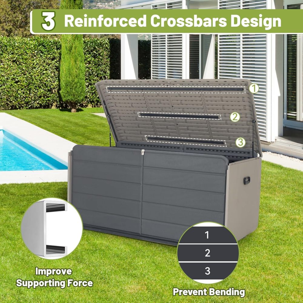 160 Gallon Large Resin Deck Box, Heavy-Duty Waterproof Outdoor Storage Chest with Hydraulic Lift & Lockable Lid for Patio Furniture, Pool Supplies & Garden Tools