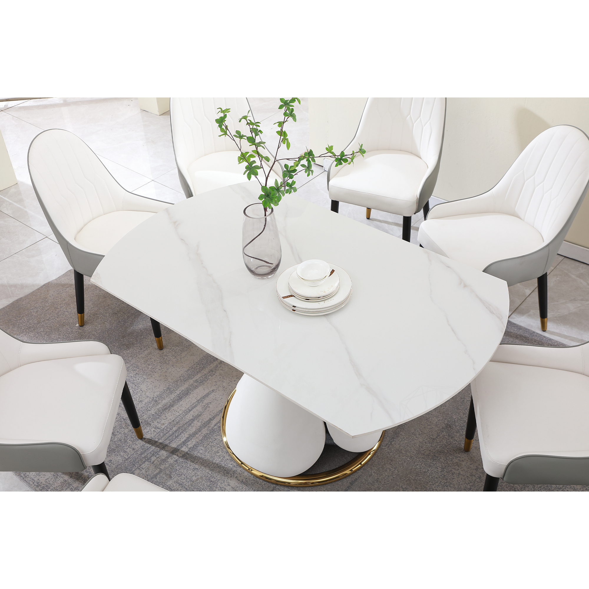 Modern Extendable Sintered Stone Dining Table Set with 8 Upholstered Chairs - White Marble Finish Round Kitchen Furniture