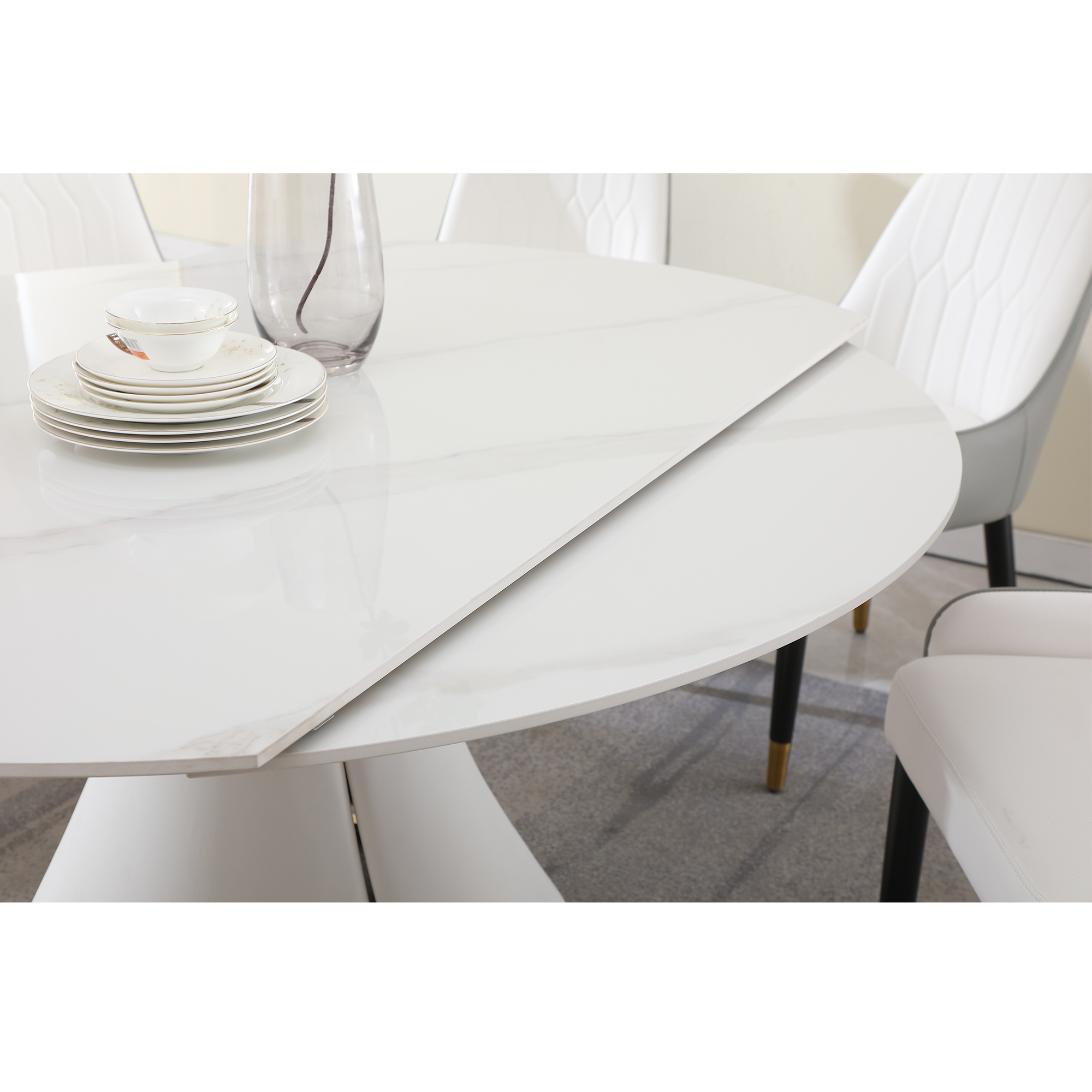 Modern Extendable Sintered Stone Dining Table Set with 8 Upholstered Chairs - White Marble Finish Round Kitchen Furniture