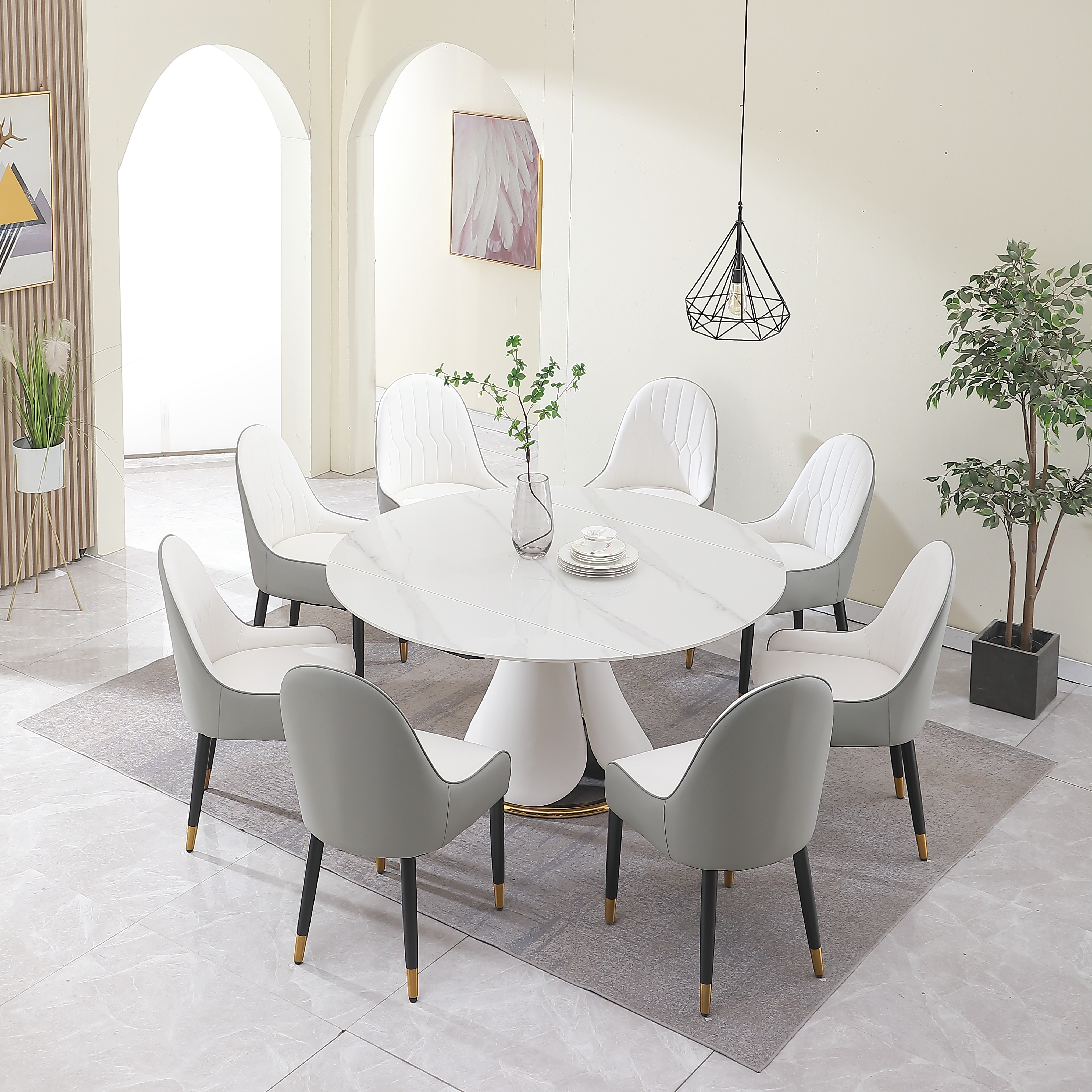 Modern Extendable Sintered Stone Dining Table Set with 8 Upholstered Chairs - White Marble Finish Round Kitchen Furniture
