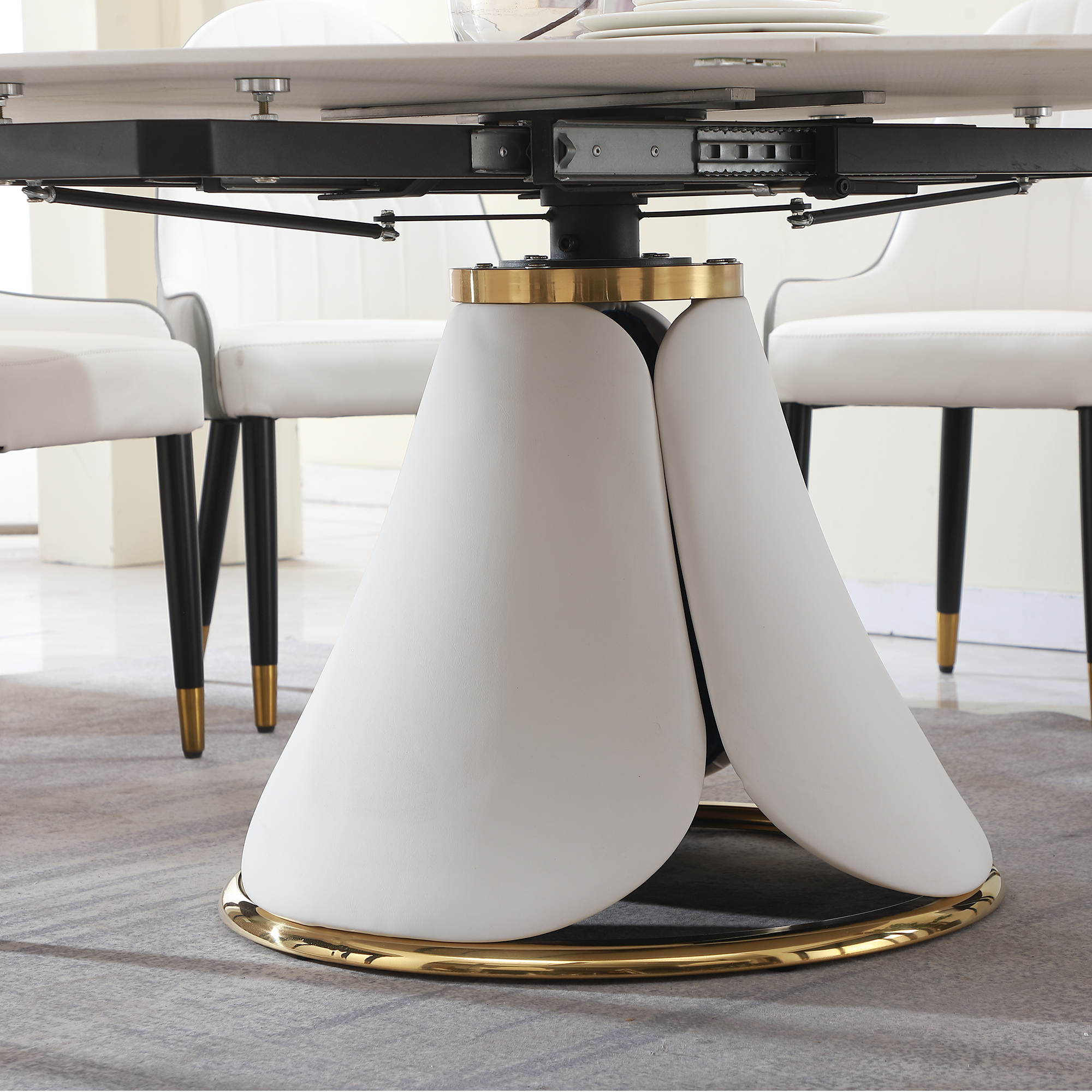 Modern Extendable Sintered Stone Dining Table Set with 8 Upholstered Chairs - White Marble Finish Round Kitchen Furniture