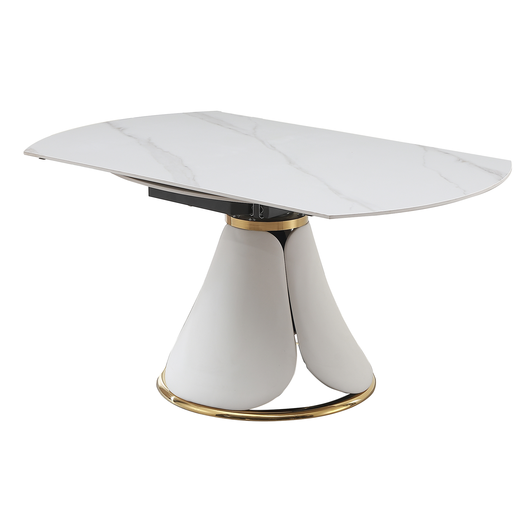 Modern Extendable Sintered Stone Dining Table Set with 8 Upholstered Chairs - White Marble Finish Round Kitchen Furniture