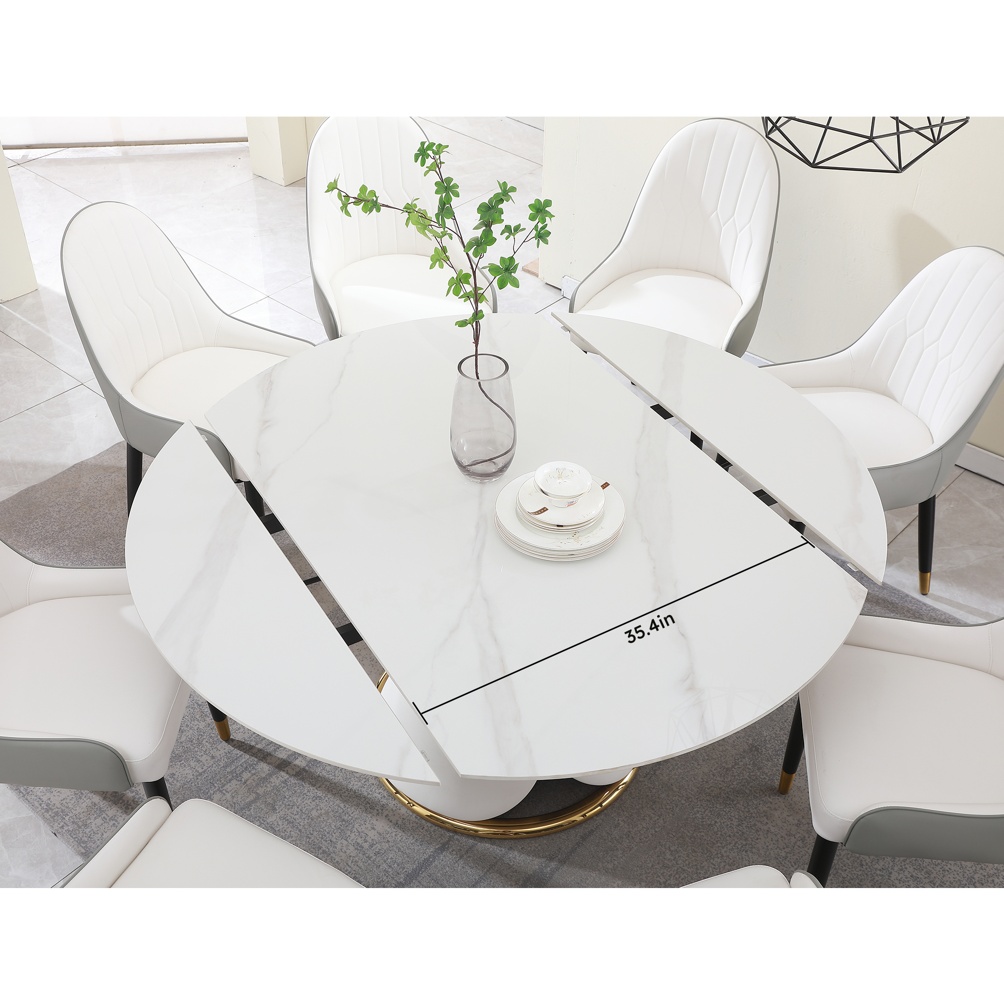 Modern Extendable Sintered Stone Dining Table Set with 8 Upholstered Chairs - White Marble Finish Round Kitchen Furniture