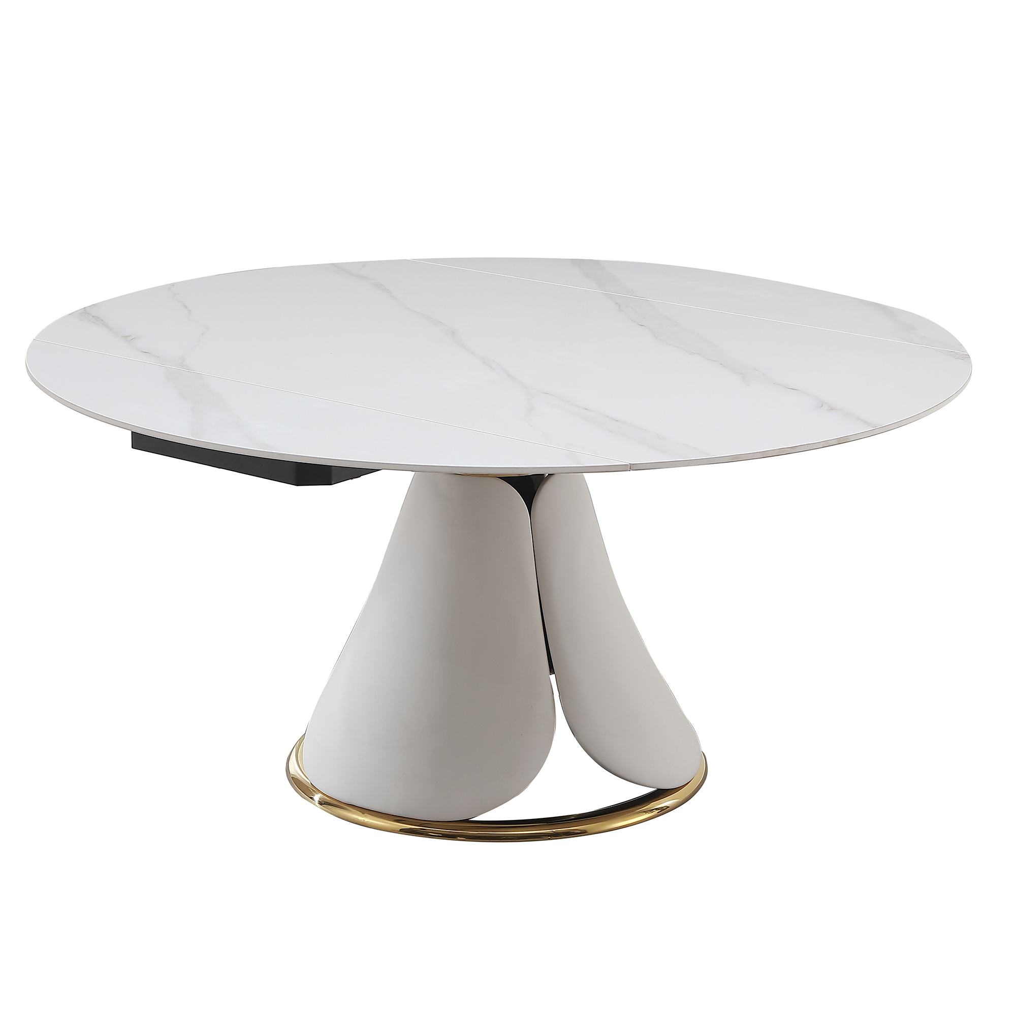 Modern Extendable Sintered Stone Dining Table Set with 8 Upholstered Chairs - White Marble Finish Round Kitchen Furniture