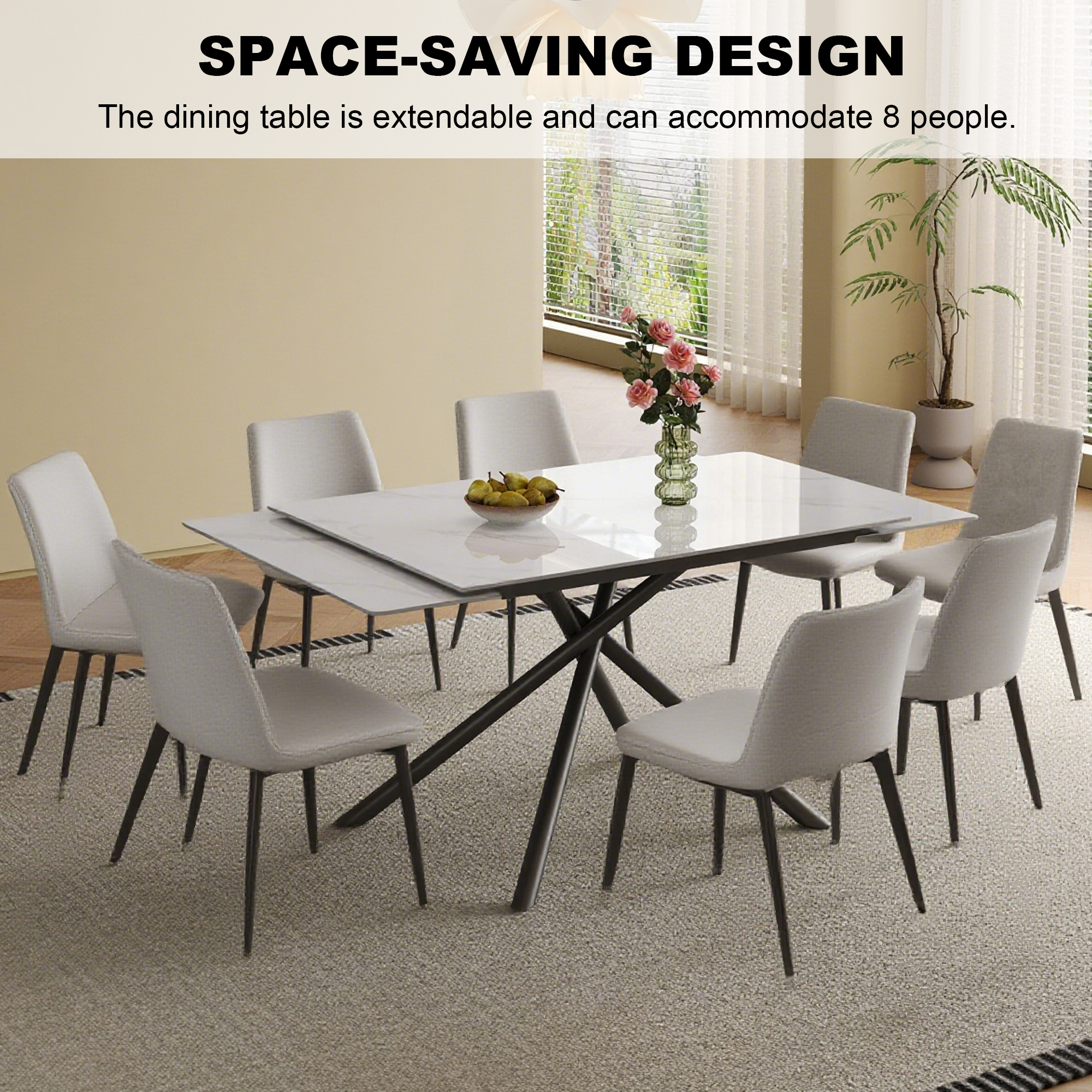 Retractable Sintered Stone Dining Table Set with 8 Chairs, Modern Extendable Kitchen Table, Black Carbon Steel Cross-Leg Base