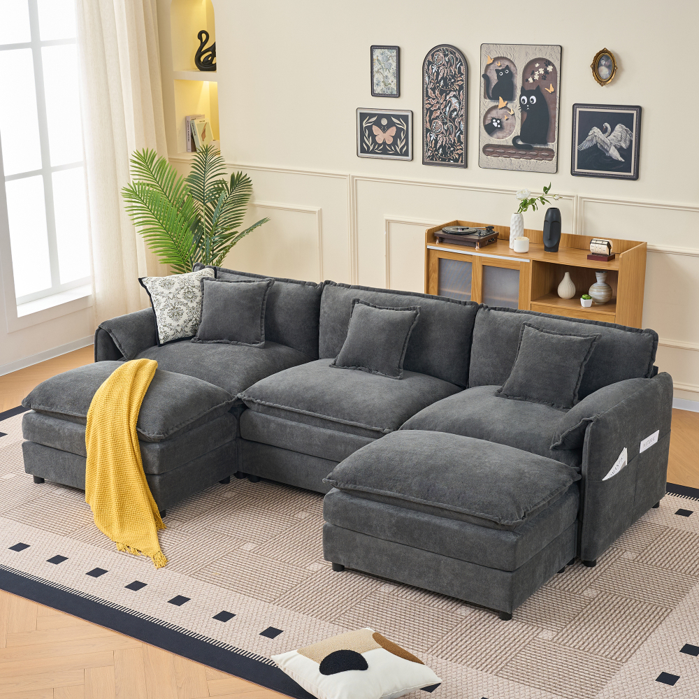 Oversized Modular Sectional Sofa with 2 Ottomans - Deep Seat U-Shaped Chenille Couch Set for Living Room, Grey