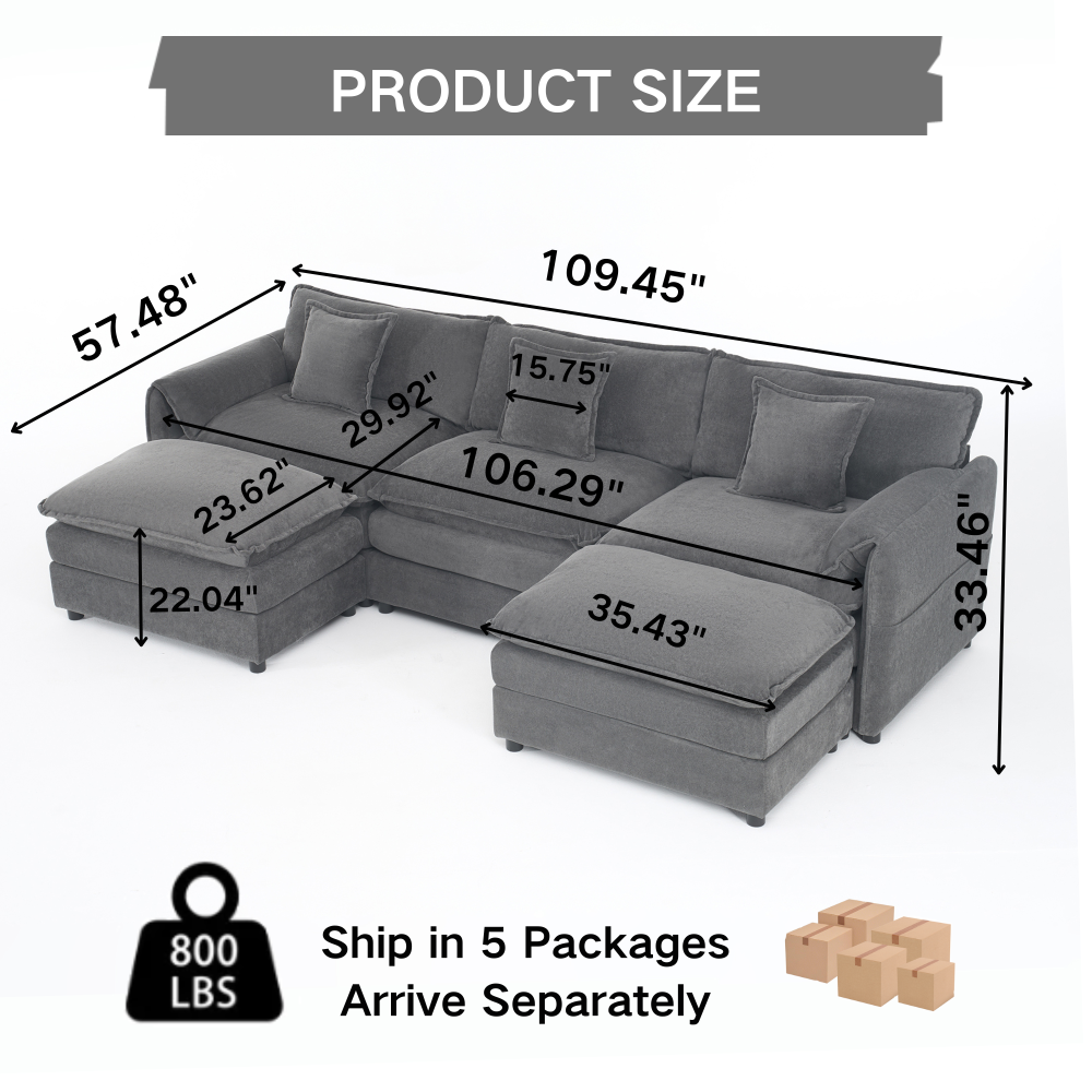 Oversized Modular Sectional Sofa with 2 Ottomans - Deep Seat U-Shaped Chenille Couch Set for Living Room, Grey