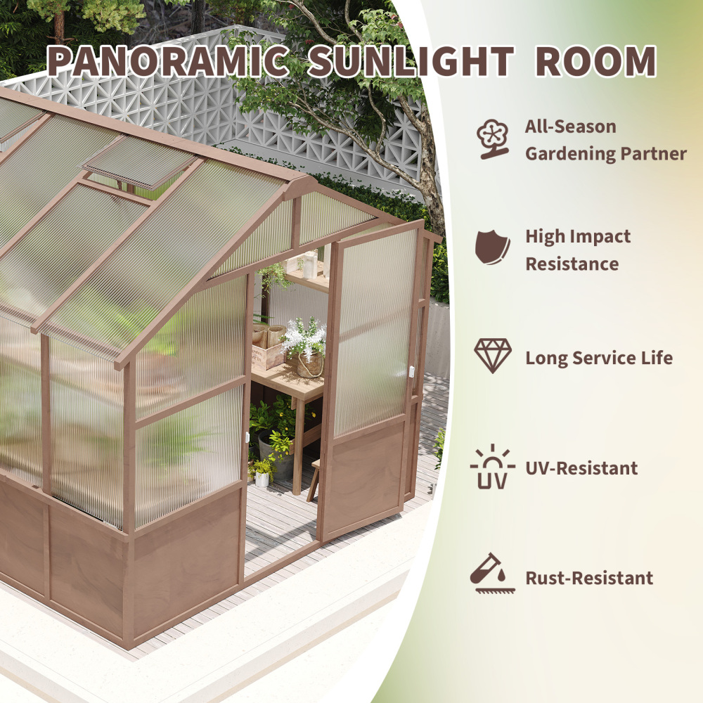 8x10 FT Premium Cedar Wood Greenhouse Kit with 6mm Polycarbonate Panels - Walk-in Garden House with Adjustable Vents & Lockable Door for Backyard