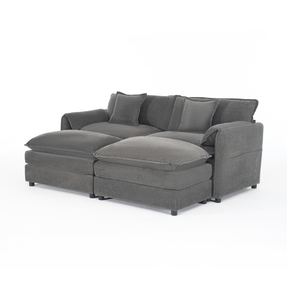 Grey Chenille Modular Sectional Sofa with 2 Ottomans - Deep Seat Cloud Couch for Living Room & Apartment
