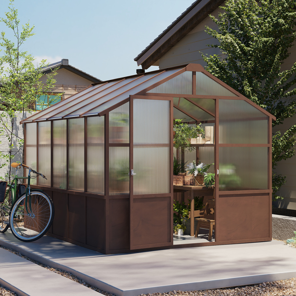 8x10 FT Premium Cedar Wood Greenhouse Kit with 6mm Polycarbonate Panels - Walk-in Garden House with Adjustable Vents & Lockable Door for Backyard