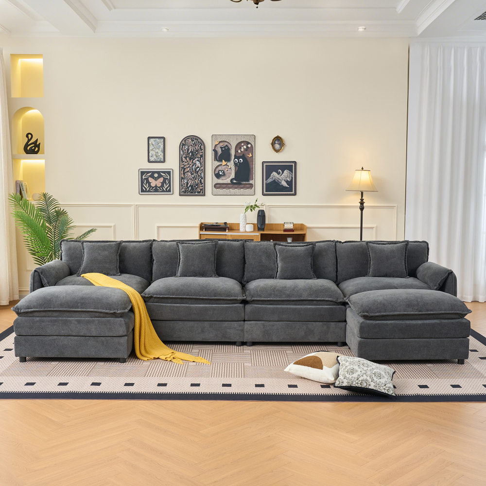 Oversized Modular Sectional Sofa U-Shaped Couch Set with 2 Movable Ottomans, Deep Seat Chenille Living Room Furniture, Grey