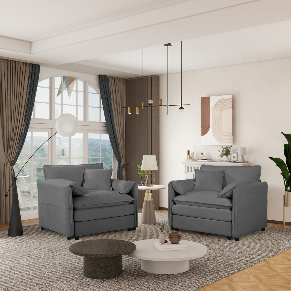 Set of 2 Oversized Chenille Accent Chairs - Modern Grey Single Sofa Armchairs with Deep Seat for Living Room & Bedroom