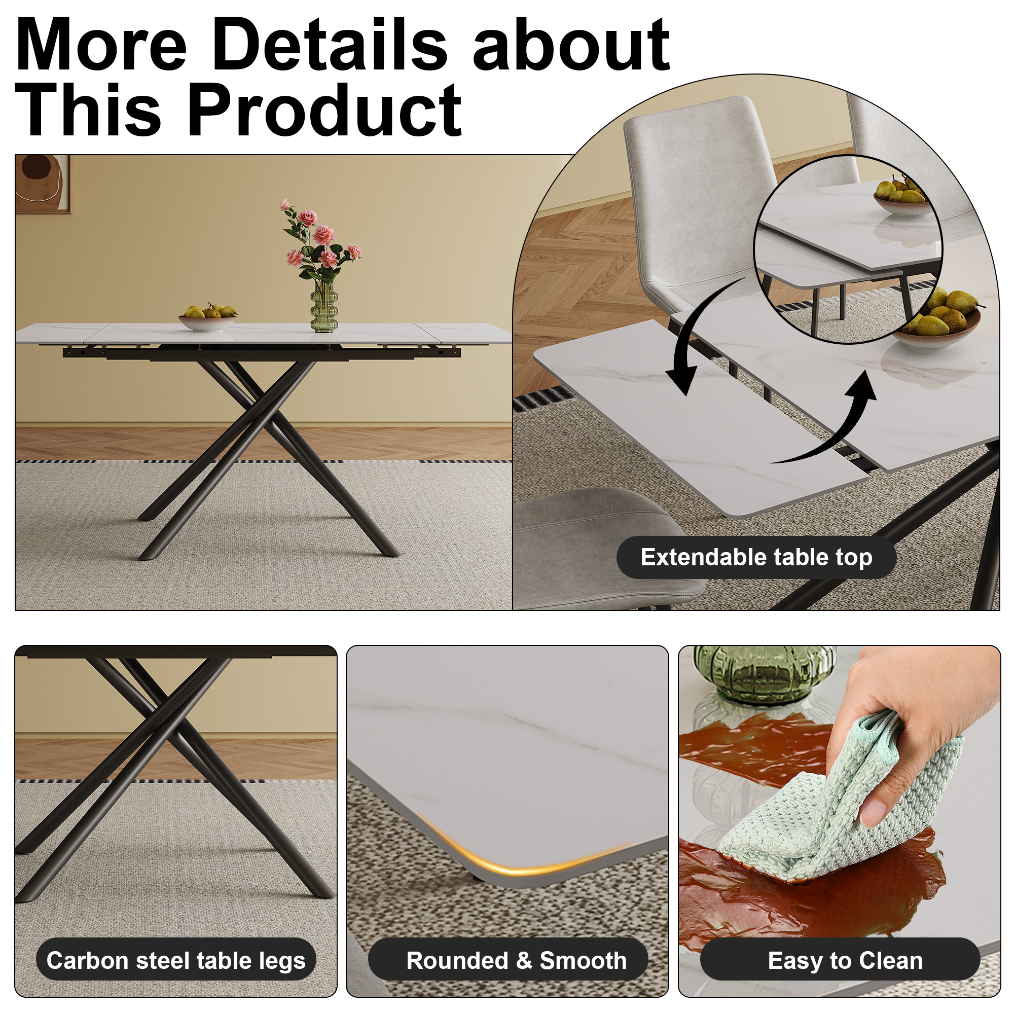 Retractable Sintered Stone Dining Table Set with 8 Chairs, Modern Extendable Kitchen Table, Black Carbon Steel Cross-Leg Base