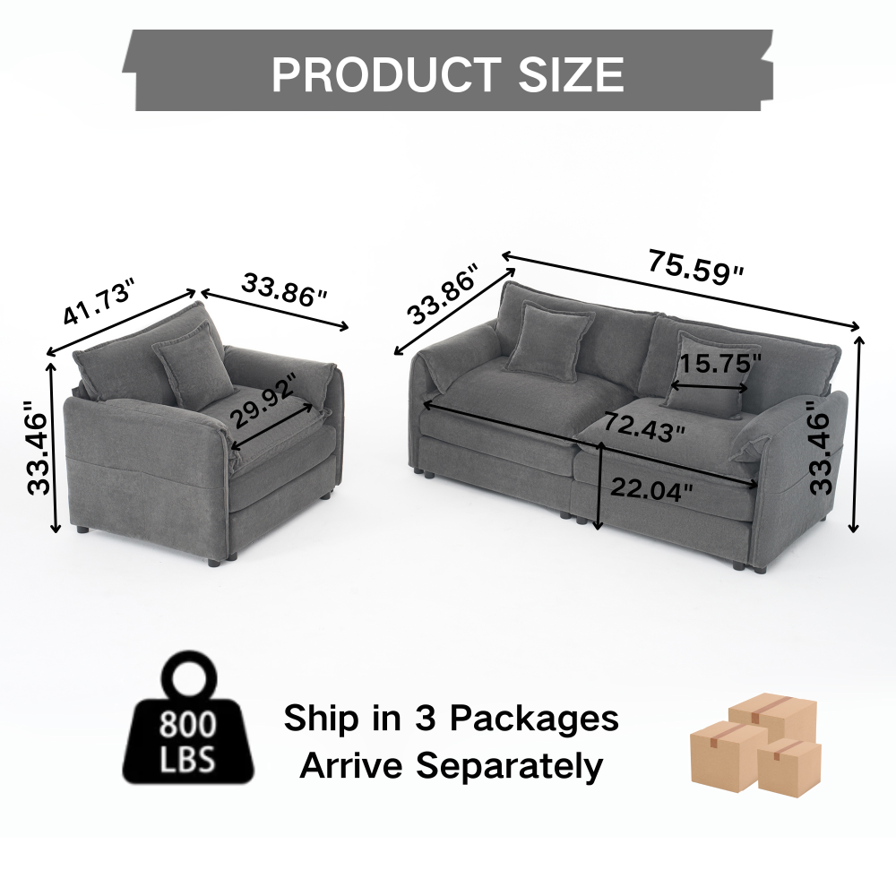 Modern Deep Seat Chenille Sofa Set - Modular Grey Loveseat & Couch Combo with Extra Thick Cushions for Living Room
