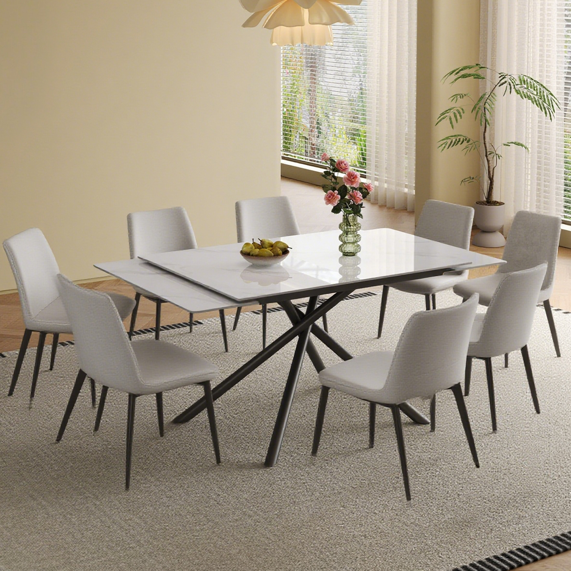Retractable Sintered Stone Dining Table Set with 8 Chairs, Modern Extendable Kitchen Table, Black Carbon Steel Cross-Leg Base