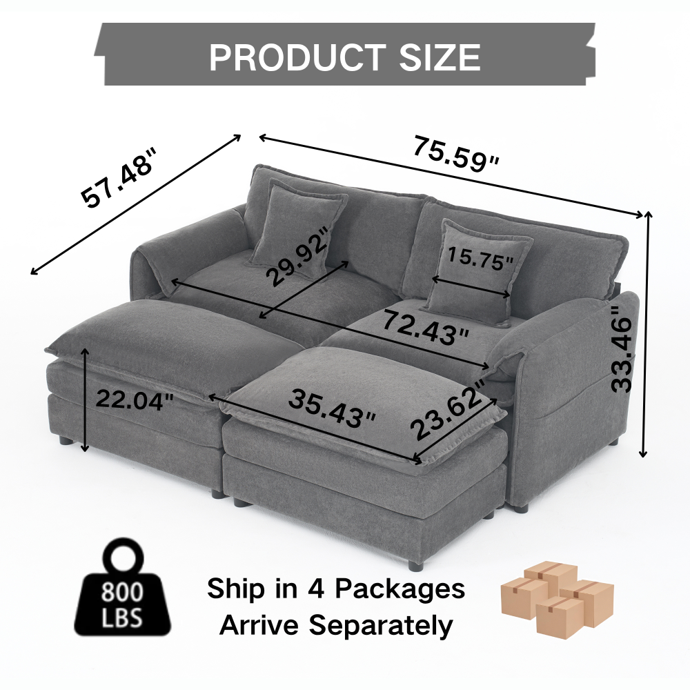 Grey Chenille Modular Sectional Sofa with 2 Ottomans - Deep Seat Cloud Couch for Living Room & Apartment