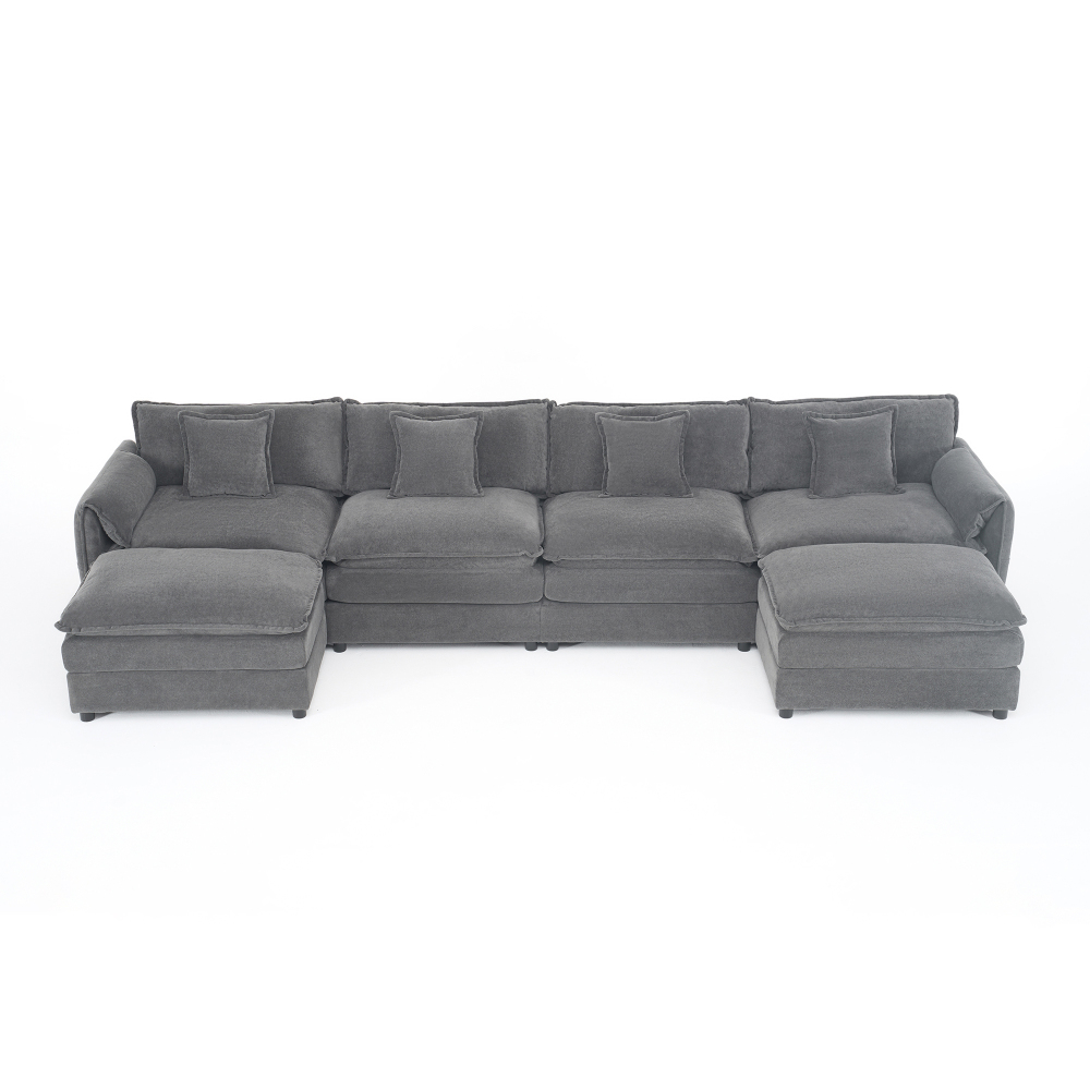 Oversized Modular Sectional Sofa U-Shaped Couch Set with 2 Movable Ottomans, Deep Seat Chenille Living Room Furniture, Grey