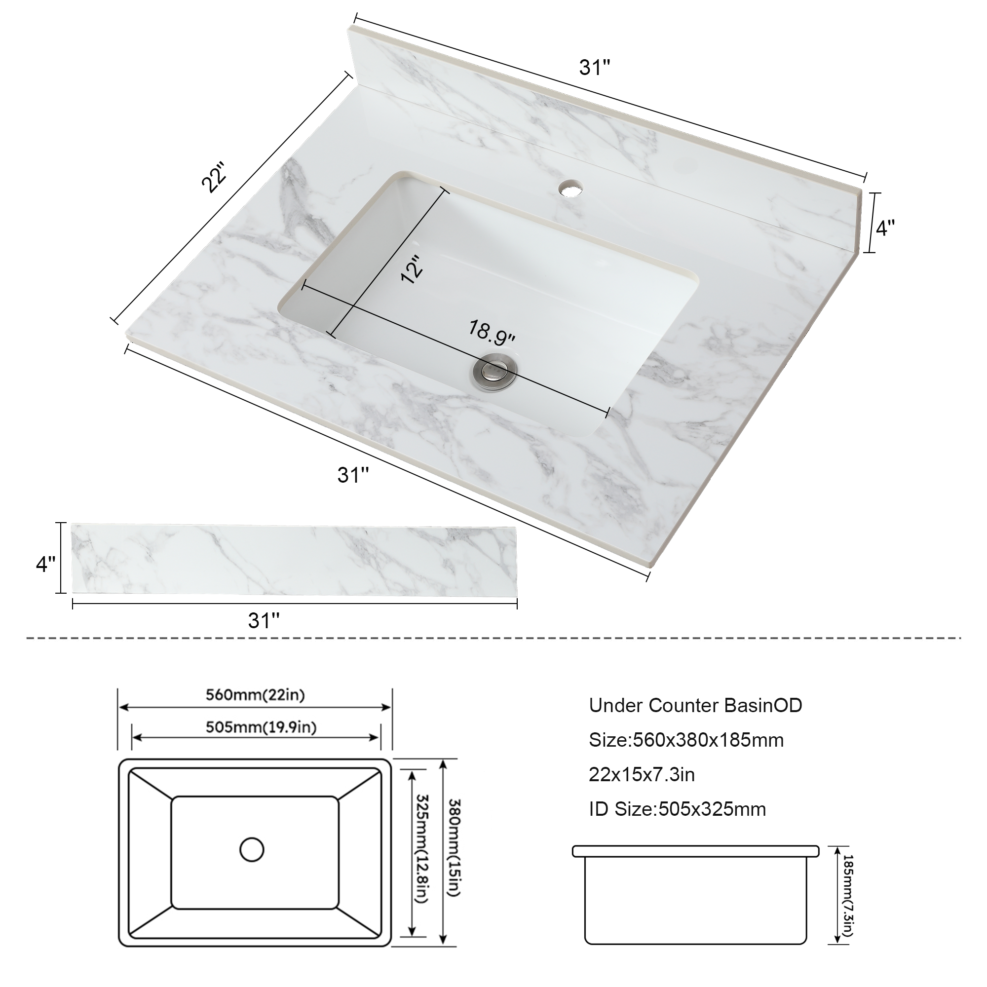 31"x22" Sintered Stone Bathroom Vanity Top with Rectangular Undermount Ceramic Sink & Backsplash – Carrara White Countertop for Modern & Traditional Vanities
