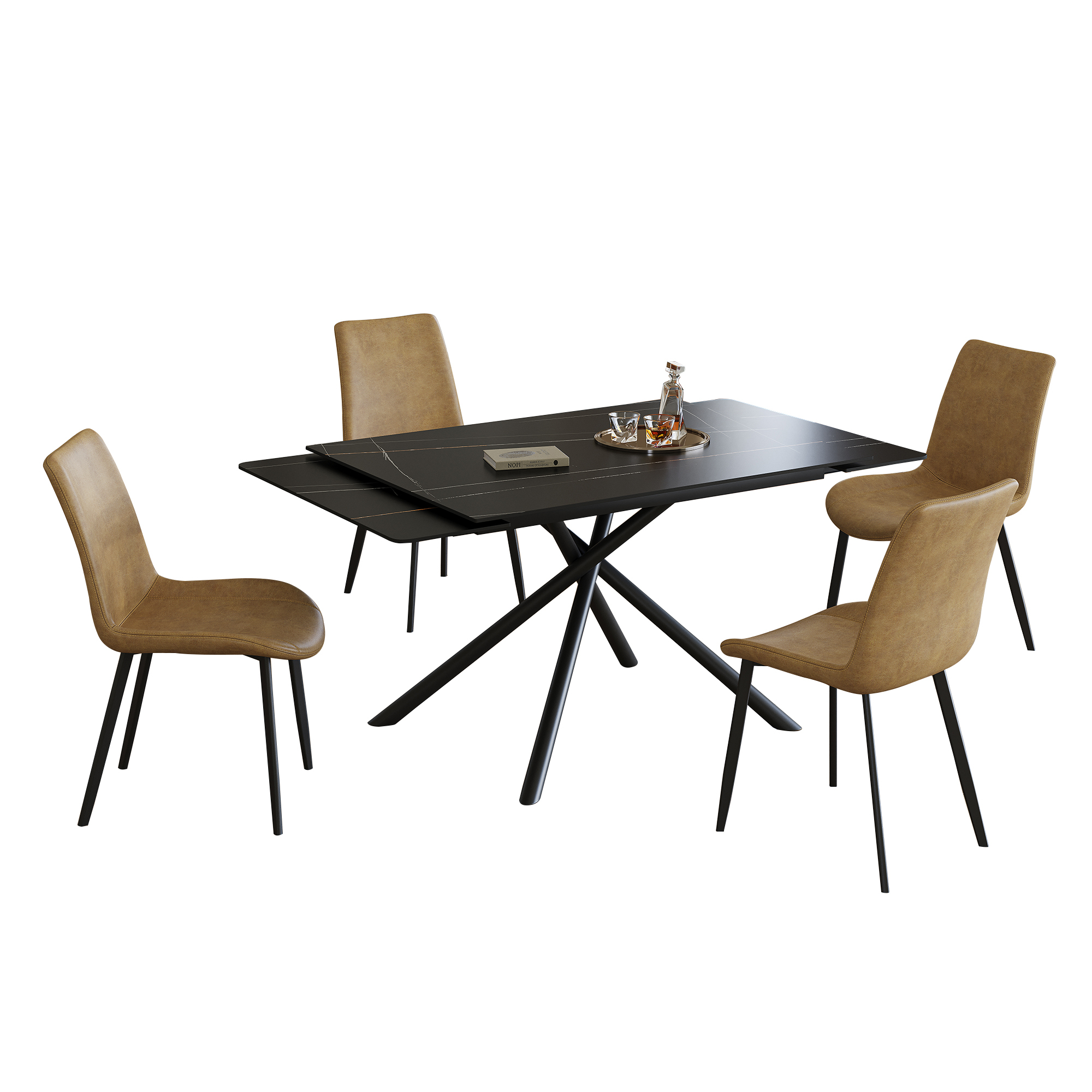 Retractable Sintered Stone Dining Table Set with 4 Chairs - Modern Black Extendable Kitchen Table & Faux Leather Seating