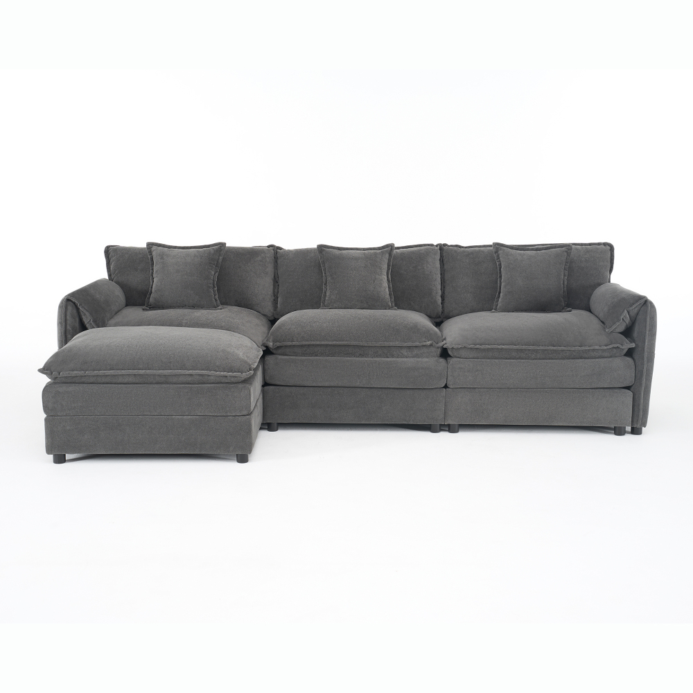 Oversized Modular Sectional Sofa with Movable Ottoman - Deep Seat Chenille L-Shaped Couch Set for Living Room, Grey