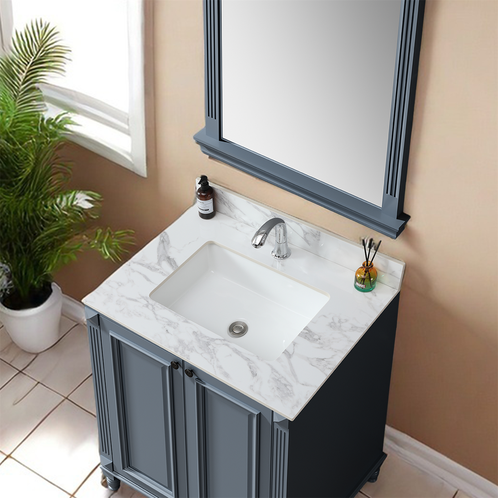 31"x22" Sintered Stone Bathroom Vanity Top with Rectangular Undermount Ceramic Sink & Backsplash – Carrara White Countertop for Modern & Traditional Vanities